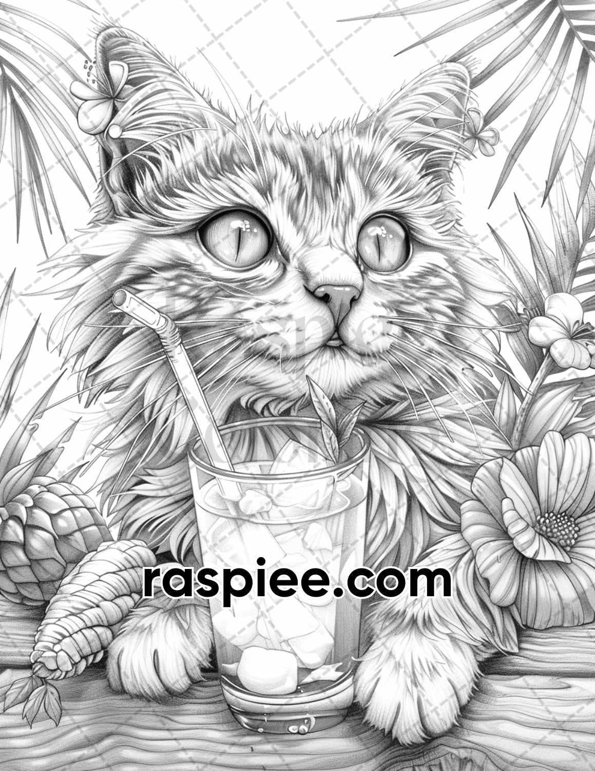 100 Summer Cats Grayscale Adult Coloring Pages Printable PDF Instant RASPIEE