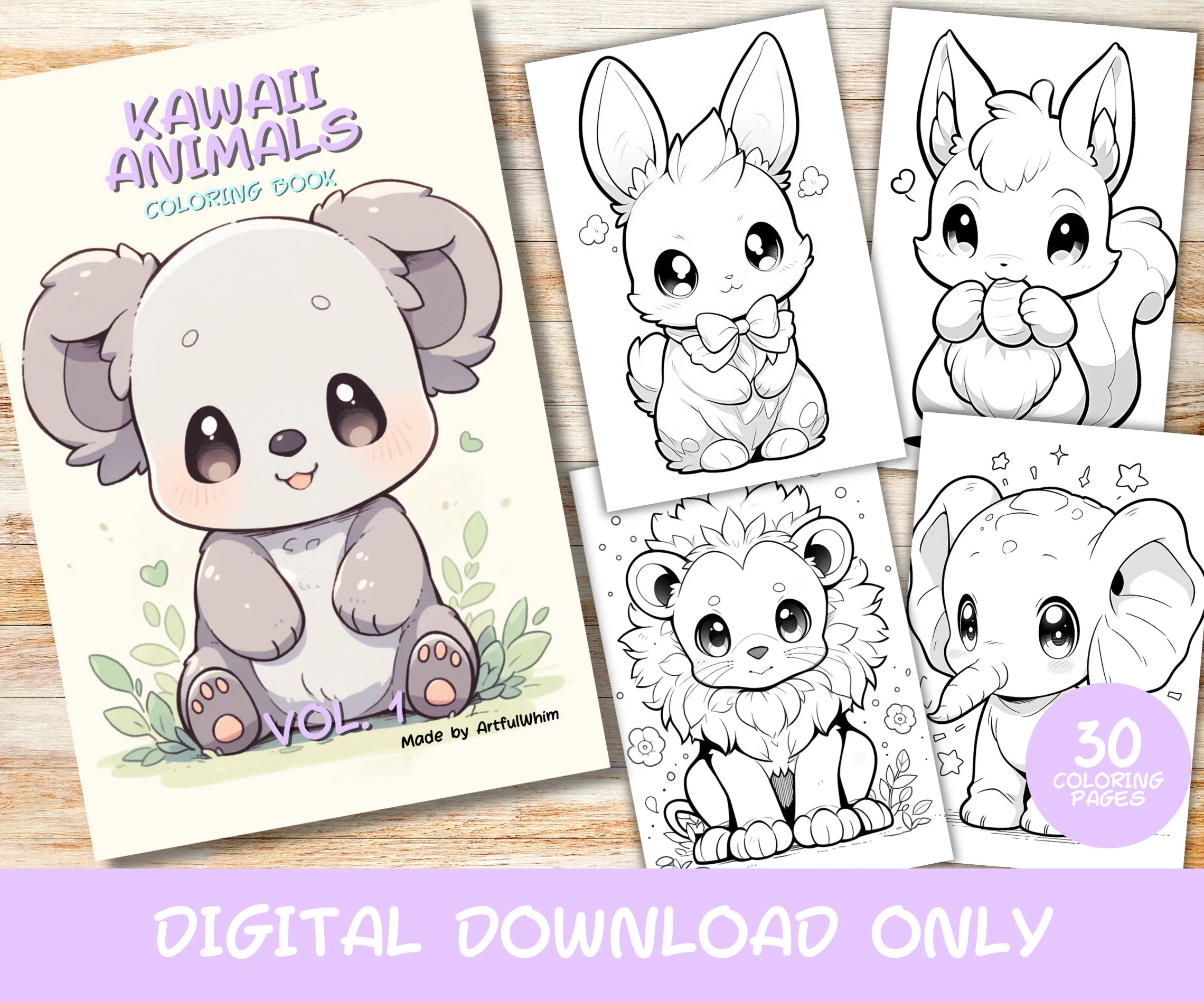 30 Kawaii Animals Volume 1 Coloring Pages Book Kids Adults Instant Download Grayscale Coloring Page Printable PDF Cute Kawaii Digital Etsy