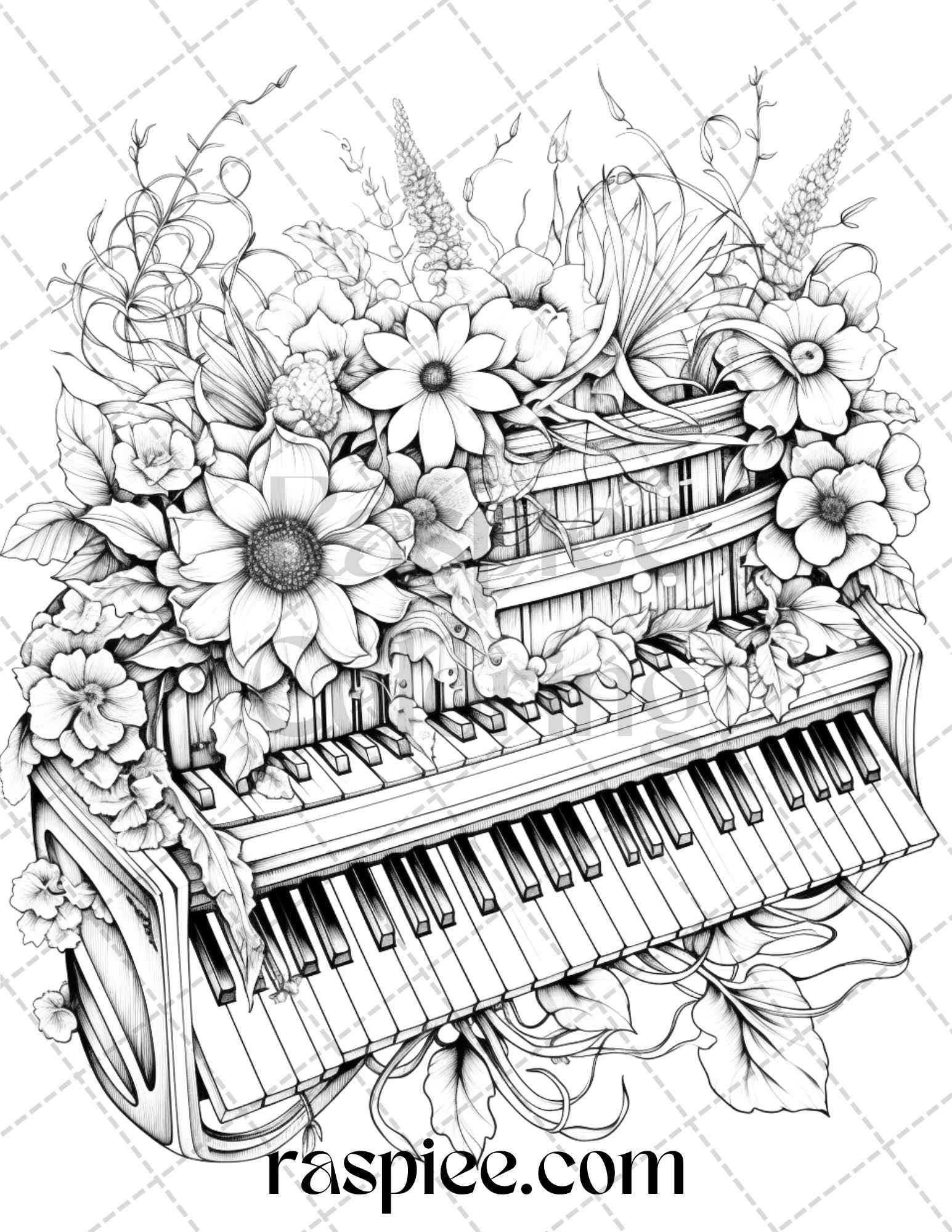 30 Musical Instrument Flower Grayscale Coloring Pages Printable For Ad RASPIEE