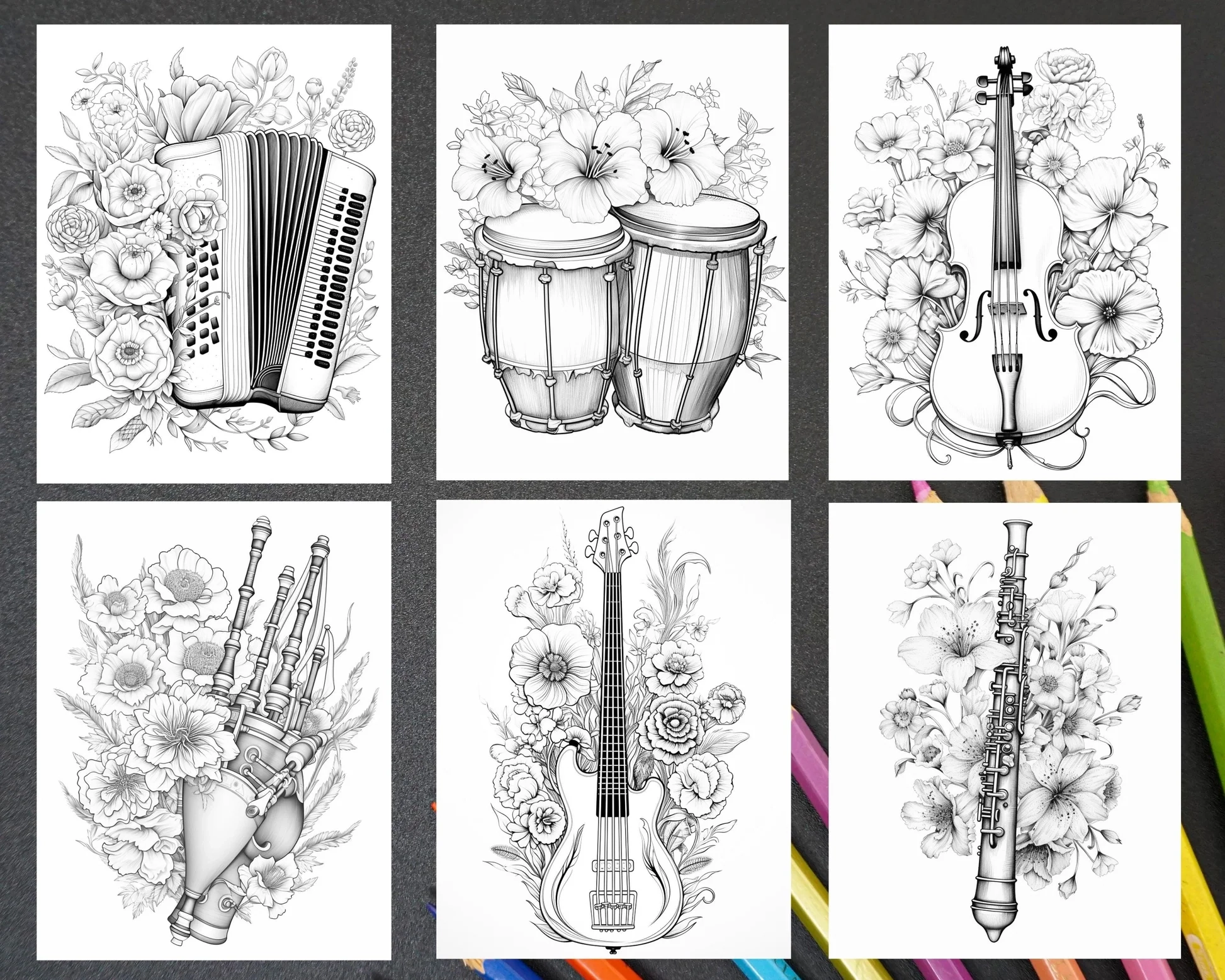30 Musical Instrument Flower Grayscale Coloring Pages Printable For Ad RASPIEE