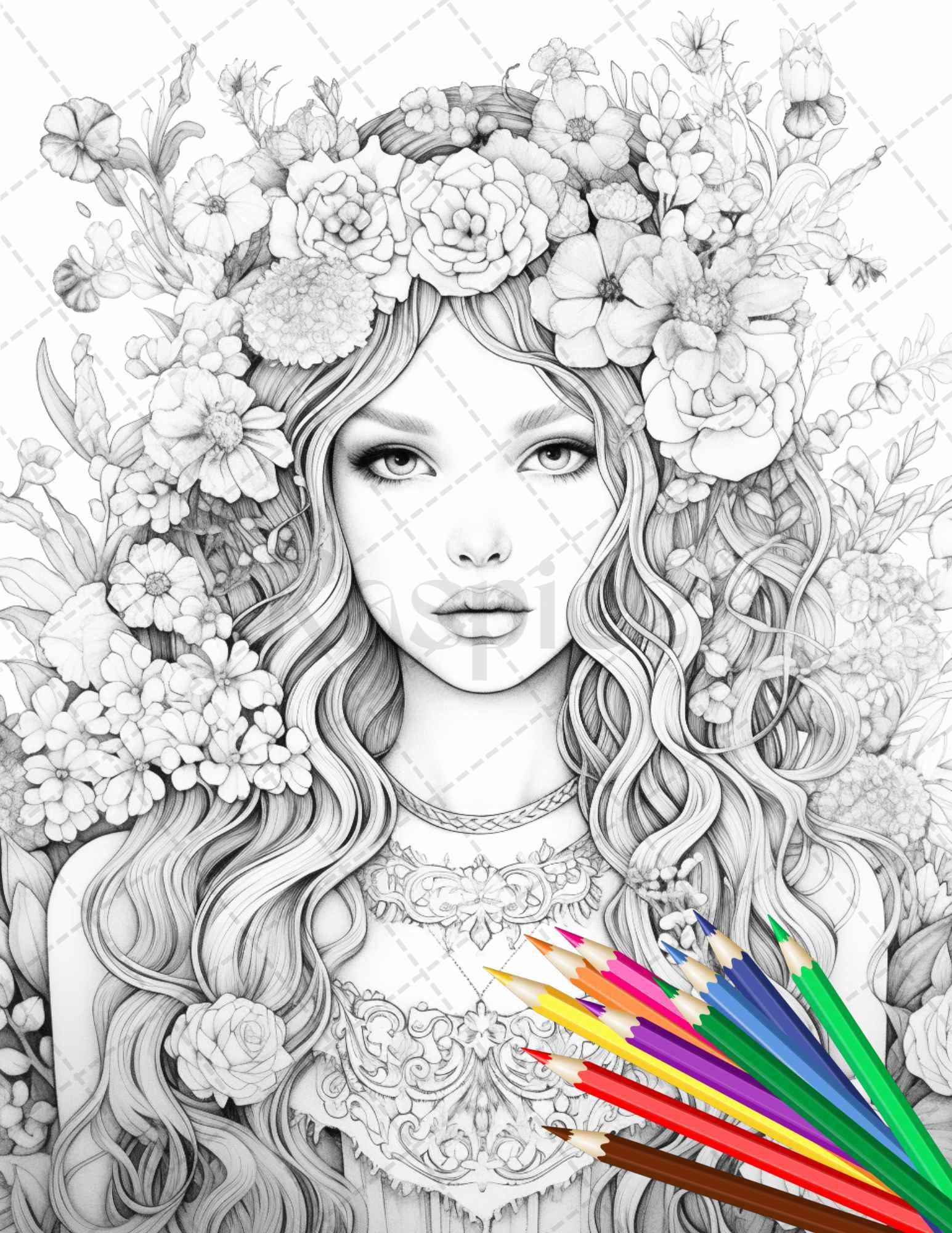 38 Flower Goddess Coloring Pages Printable For Adults Grayscale Color RASPIEE