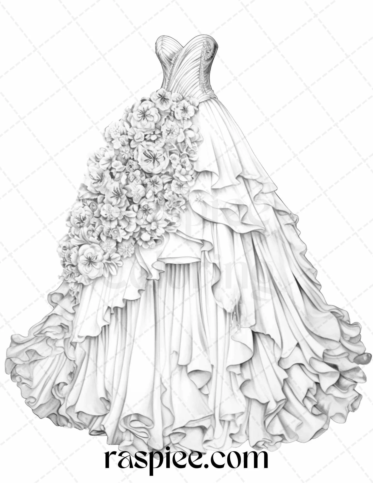 40 Elegant Floral Wedding Dresses Grayscale Coloring Pages Printable F RASPIEE