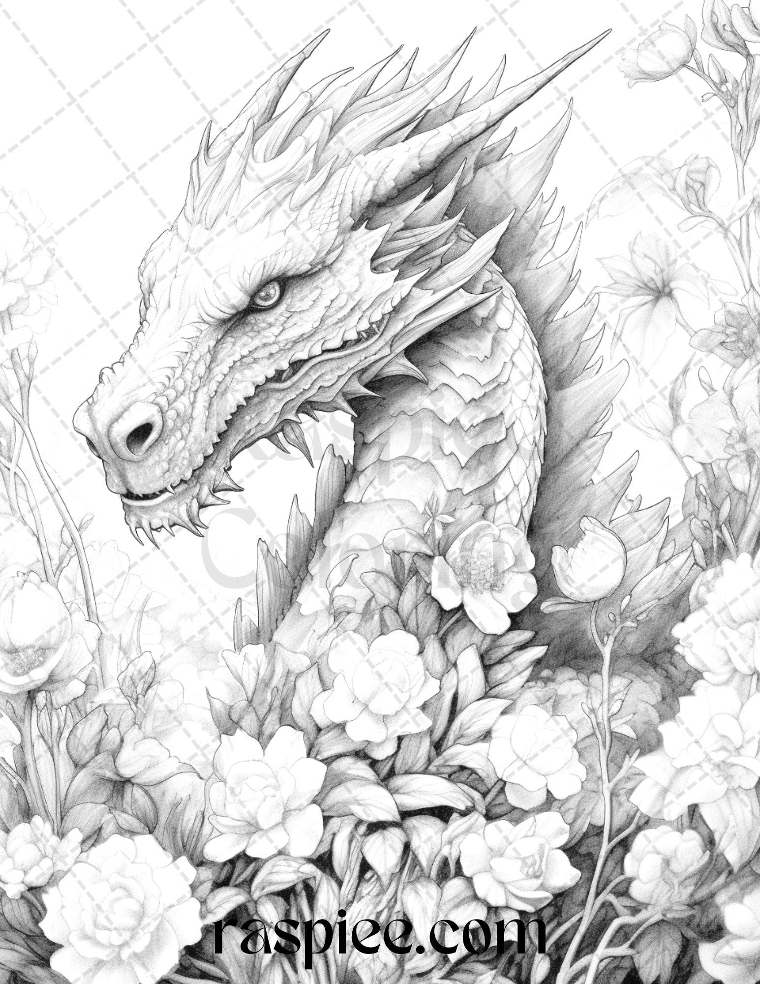 40 Flower Dragon Grayscale Coloring Pages Printable For Adults PDF Fi RASPIEE