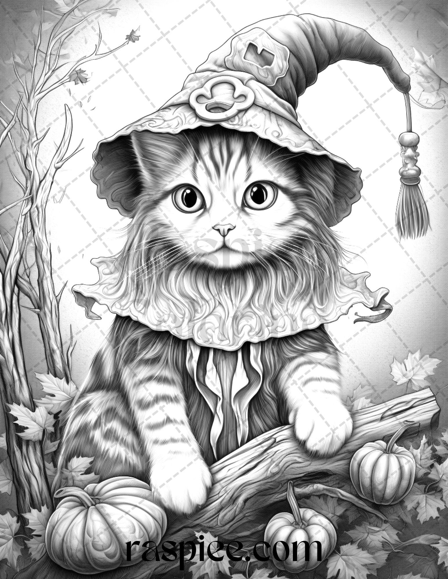 40 Halloween Witch Cat Grayscale Coloring Pages Printable For Adults RASPIEE