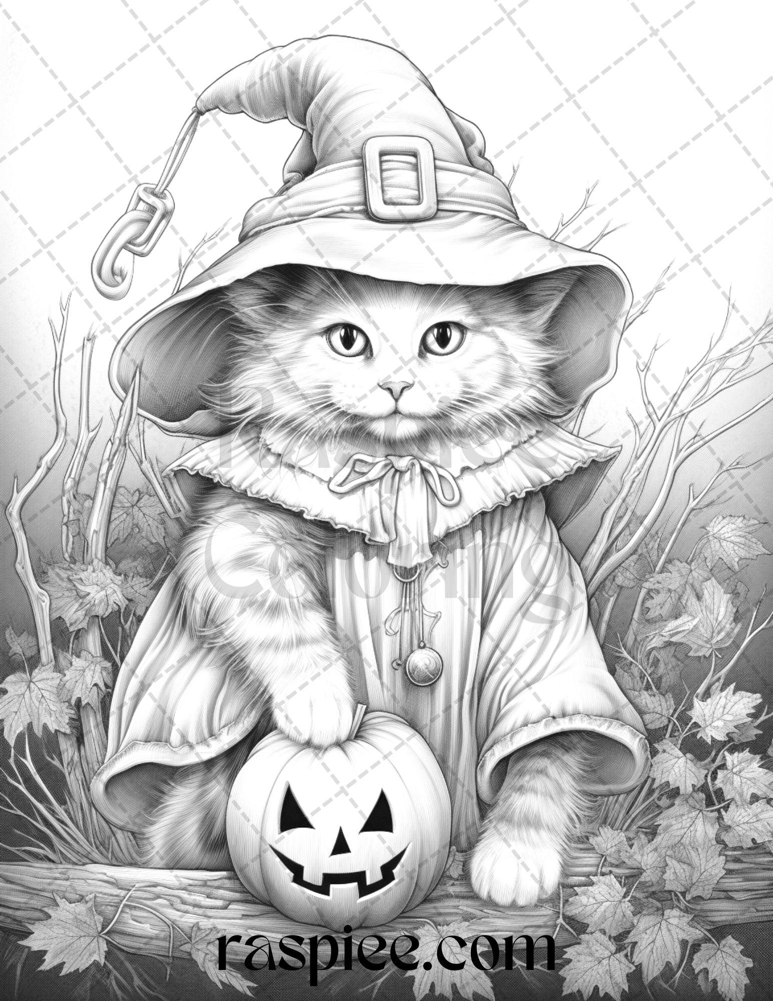 40 Halloween Witch Cat Grayscale Coloring Pages Printable For Adults RASPIEE
