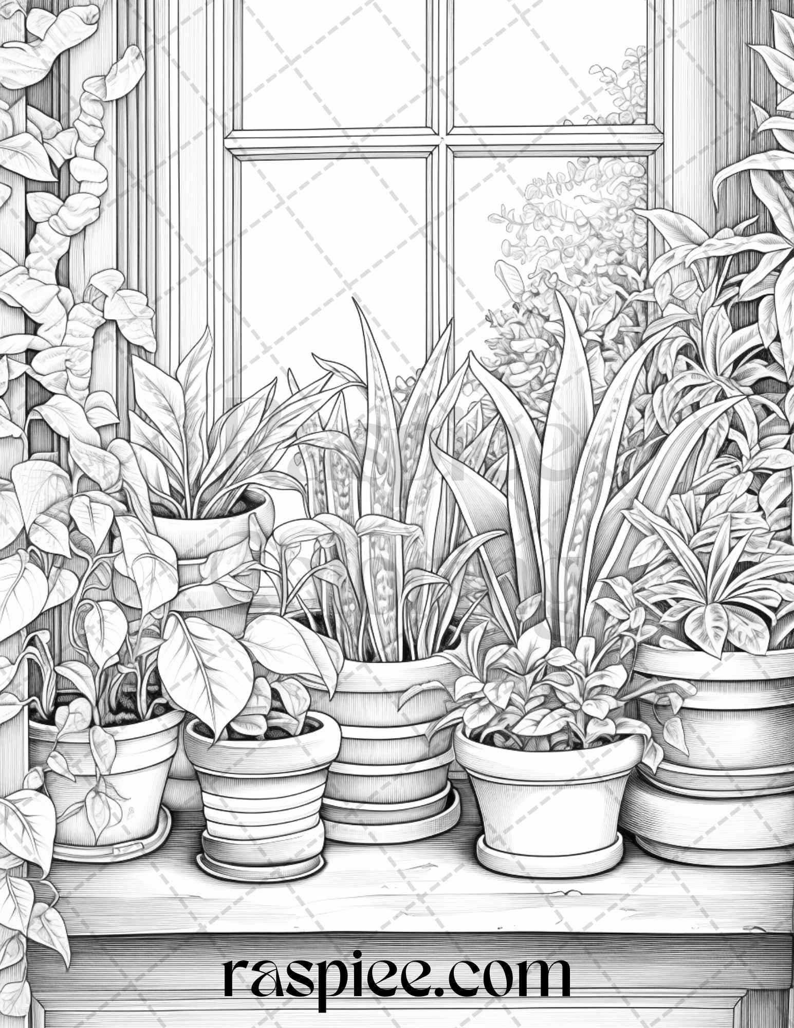 40 Window Plants Grayscale Coloring Pages Printable For Adults PDF Fi RASPIEE