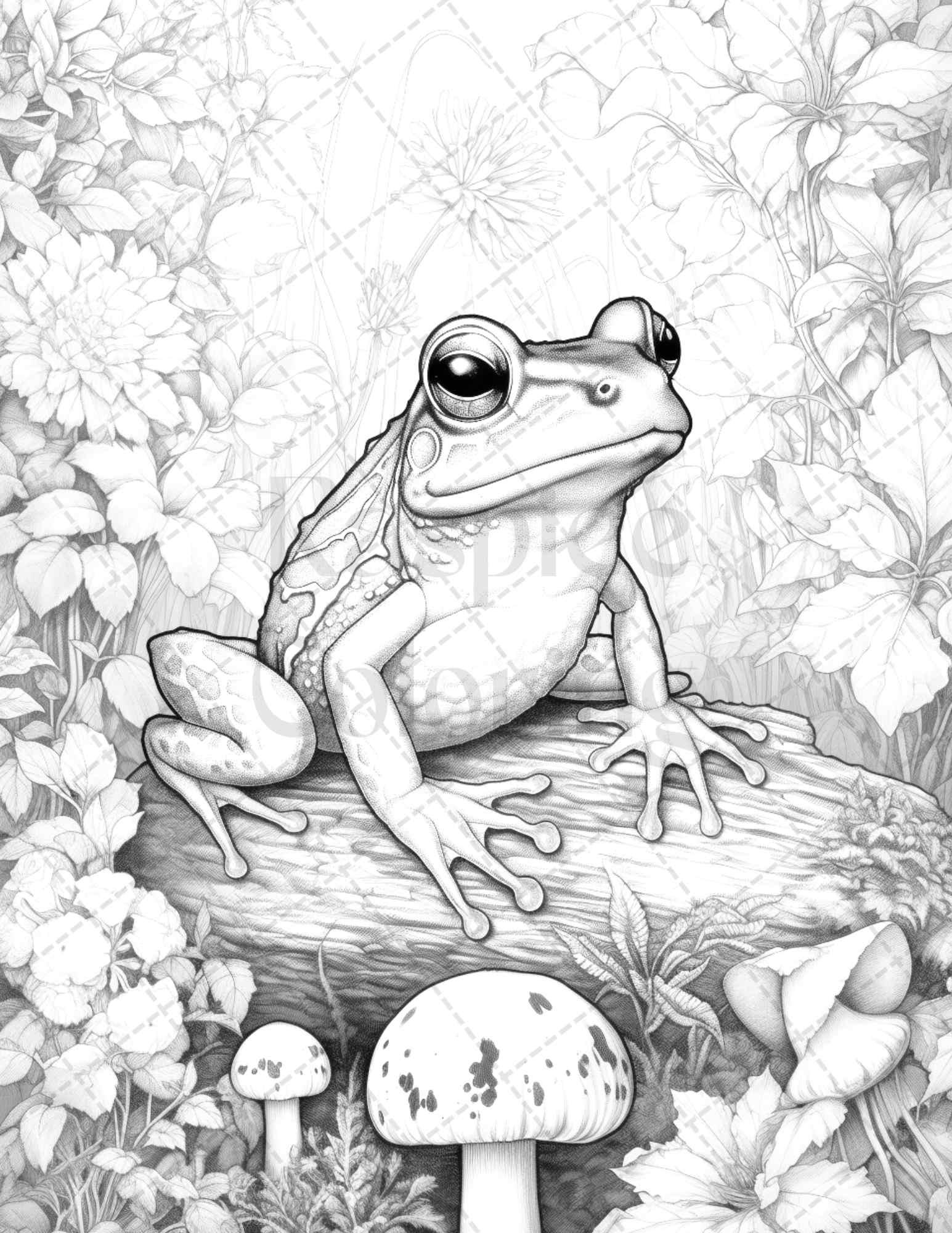 42 Cottagecore Frog Grayscale Coloring Pages Printable For Adults PDF RASPIEE