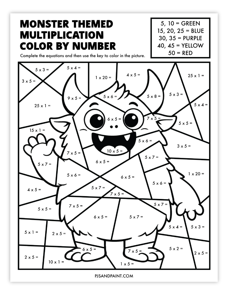 5 Free Printable Multiplication Color By Number Worksheets Pjs And Paint