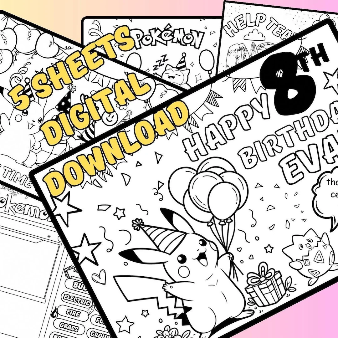 5 X Customised POKEMON Birthday Colouring Sheets DIGITAL DOWNLOAD Birthday Activity Placemat Party Bag Filler Favour For Kids Party Etsy