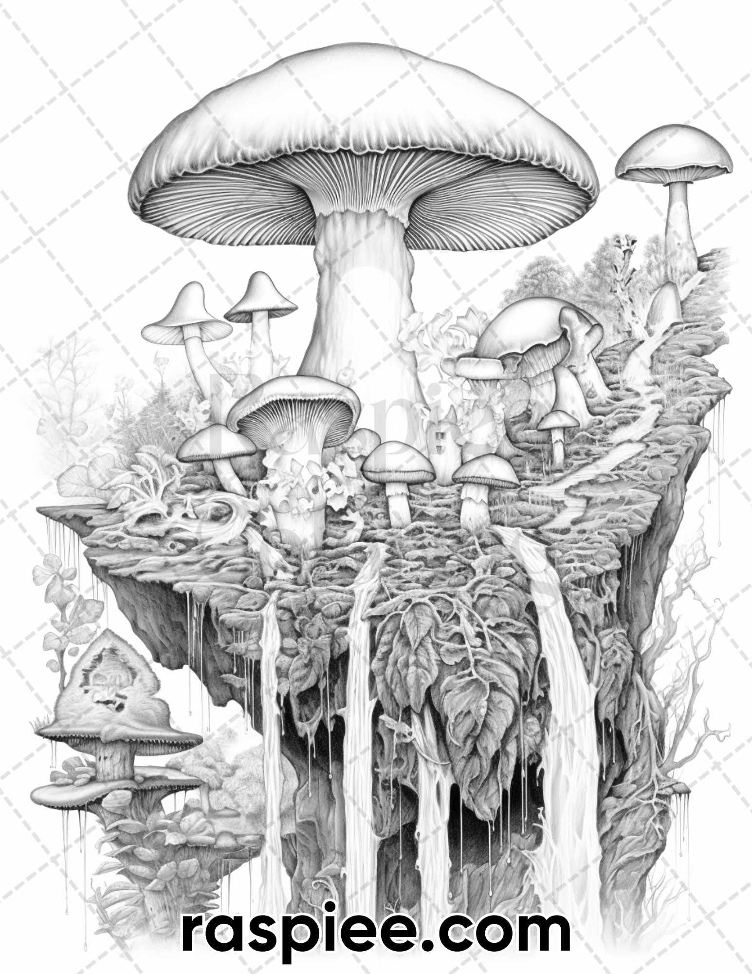 50 Fantasy Mushroom Island Grayscale Coloring Pages For Adults Printa RASPIEE
