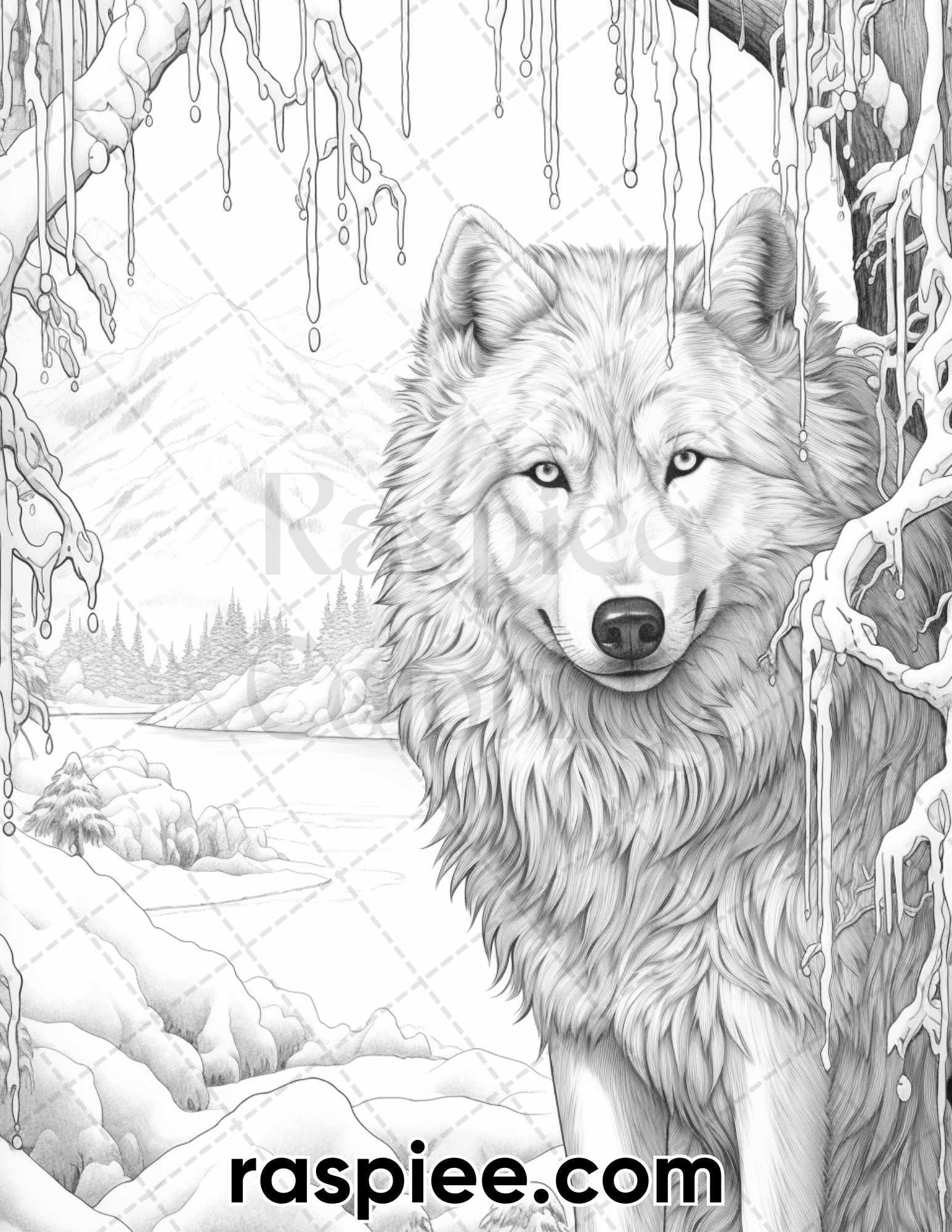 50 Winter Wolf Grayscale Coloring Pages For Adults Printable PDF Inst RASPIEE