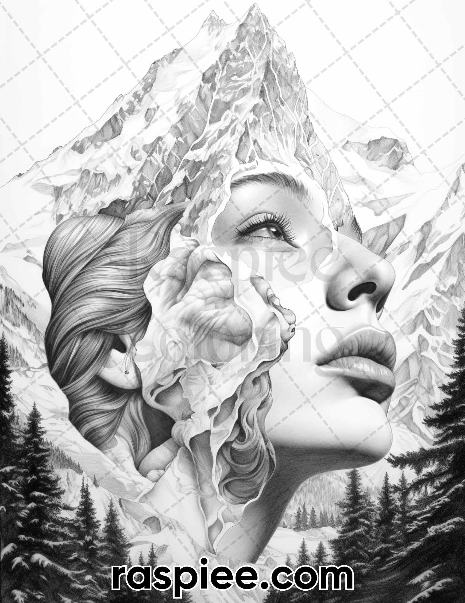 60 Nature Fusion Portrait Grayscale Adult Coloring Pages Printable PD RASPIEE