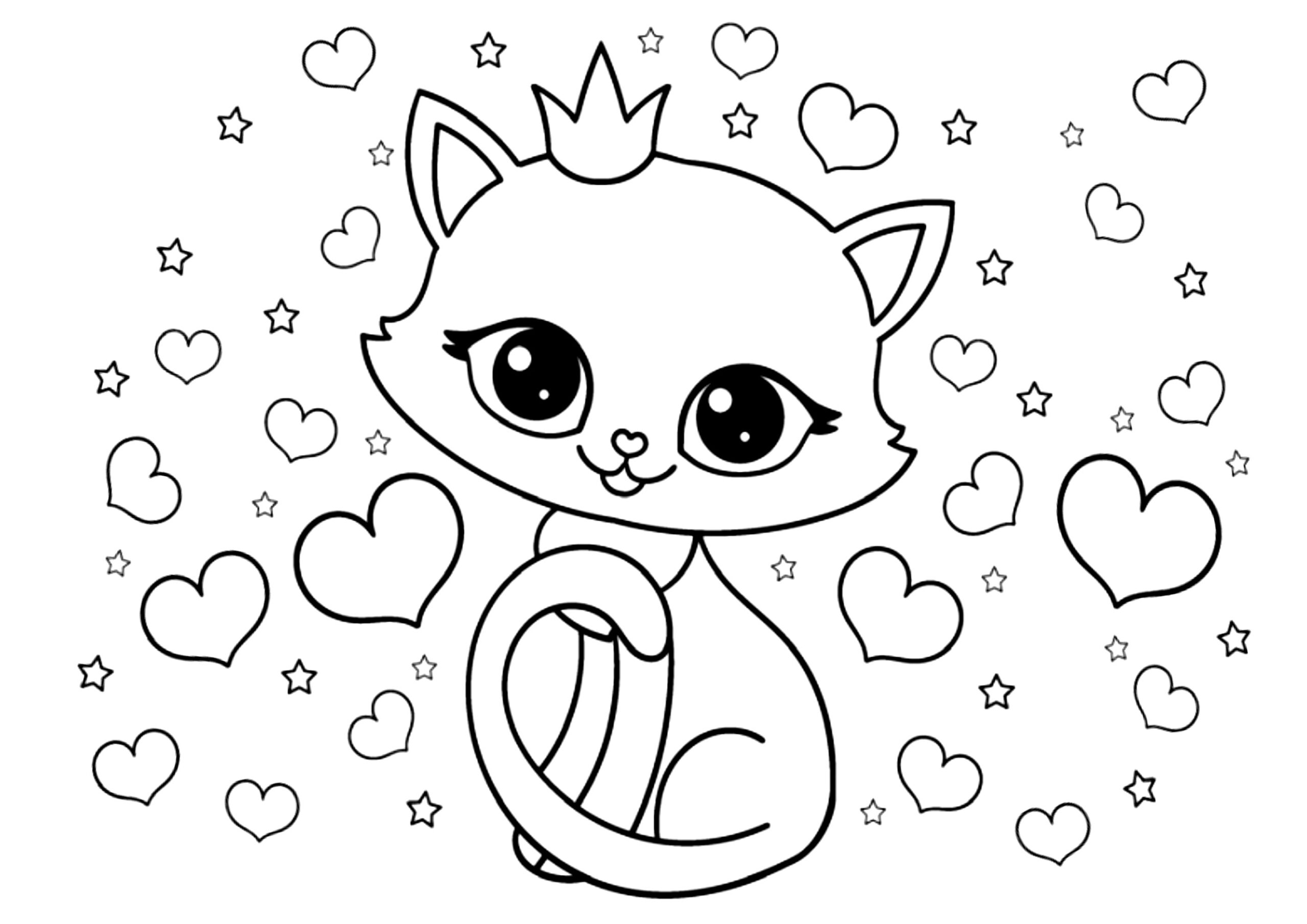 A Cat Princess Surrounded By Many Hearts Cat Coloring Pages