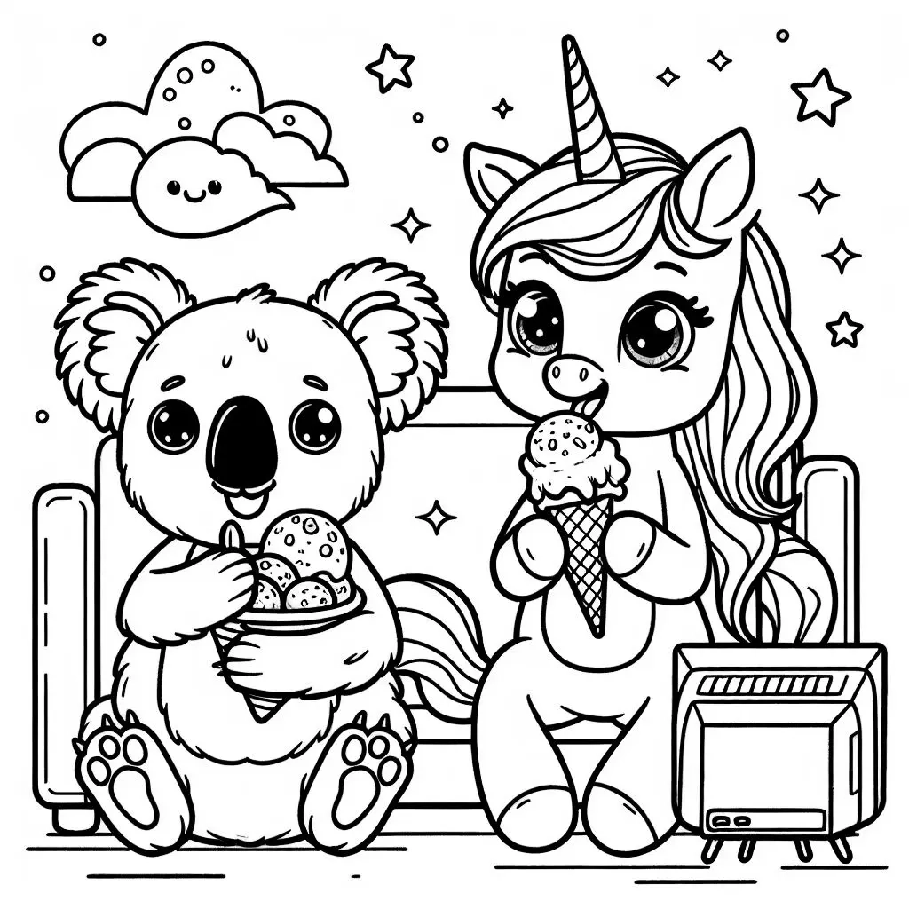A Koala And A Unicorn Sitting In Front Of A Tv Watching A Show Together While Eating Ice Cream Cones Coloring Page Bubbely