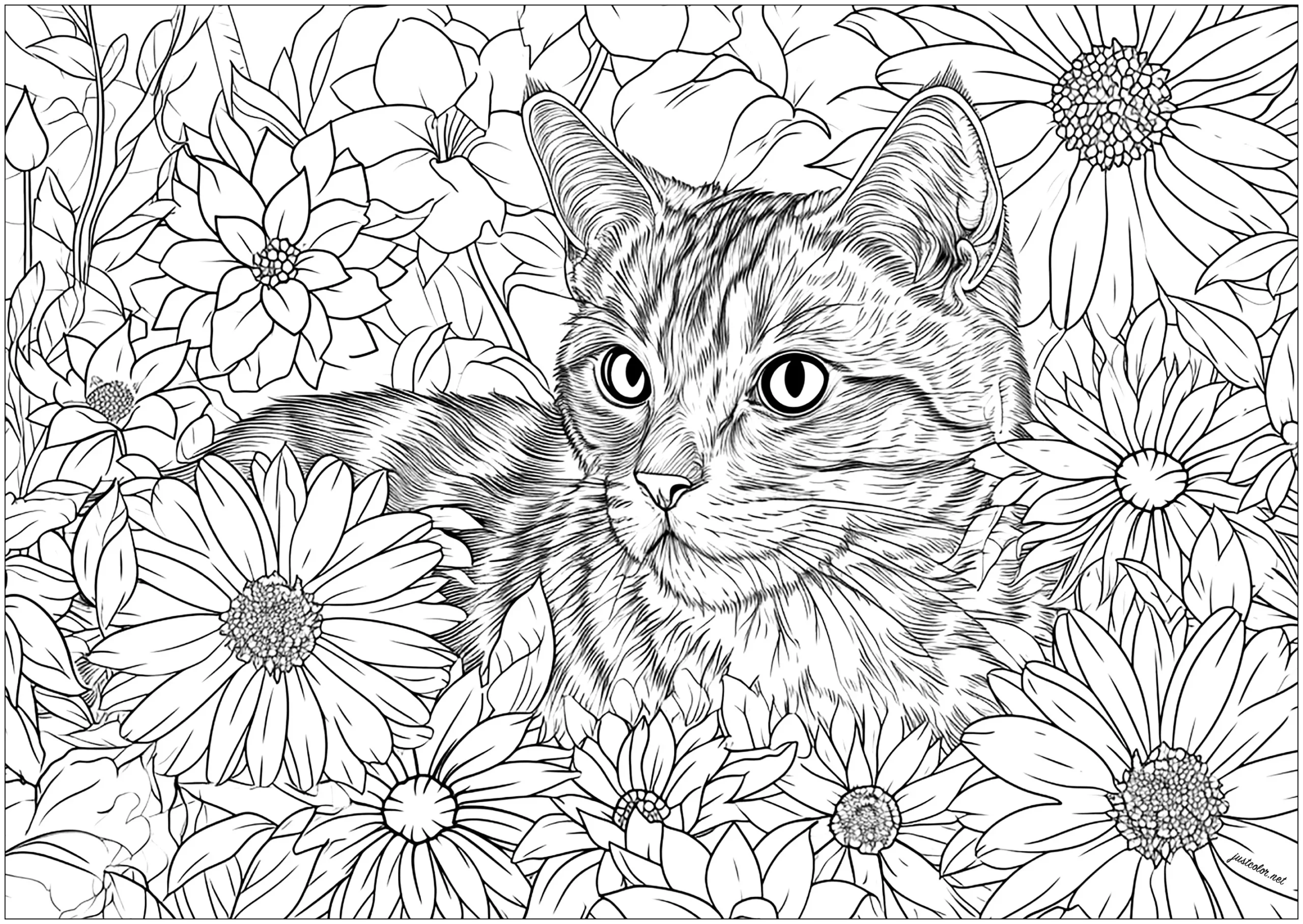 A Pretty Realistic Cat With Lots Of Flowers To Color Cat Coloring Pages For Adults