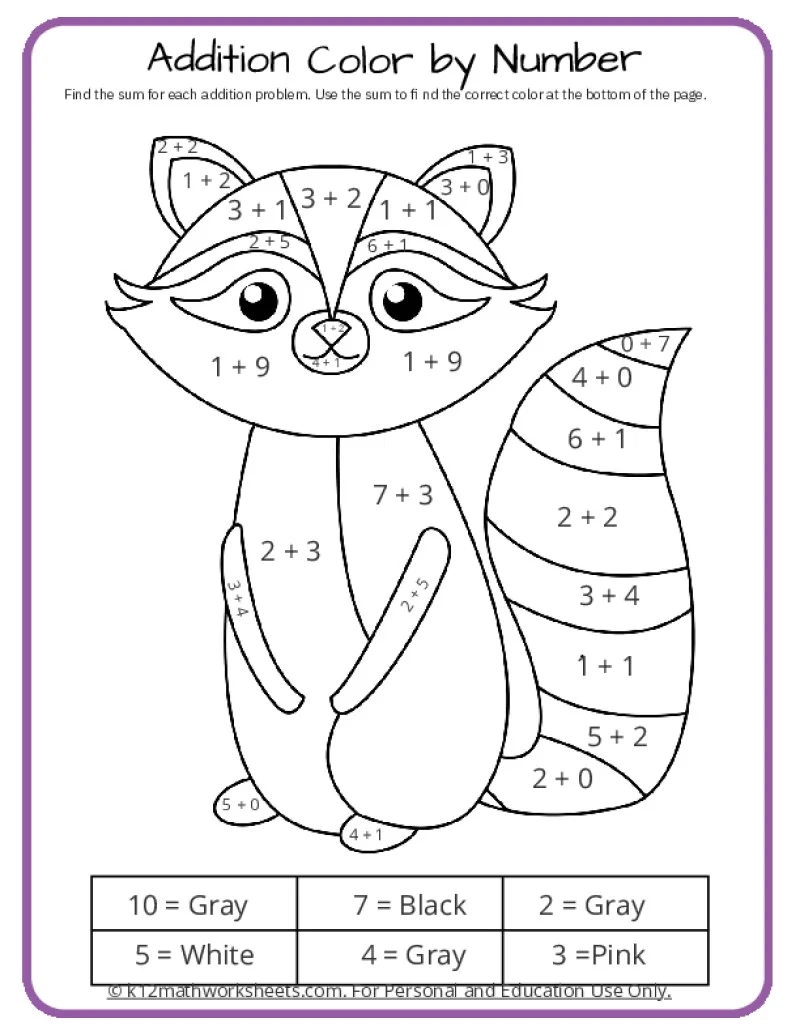 Addition Color By Number Printable Activities