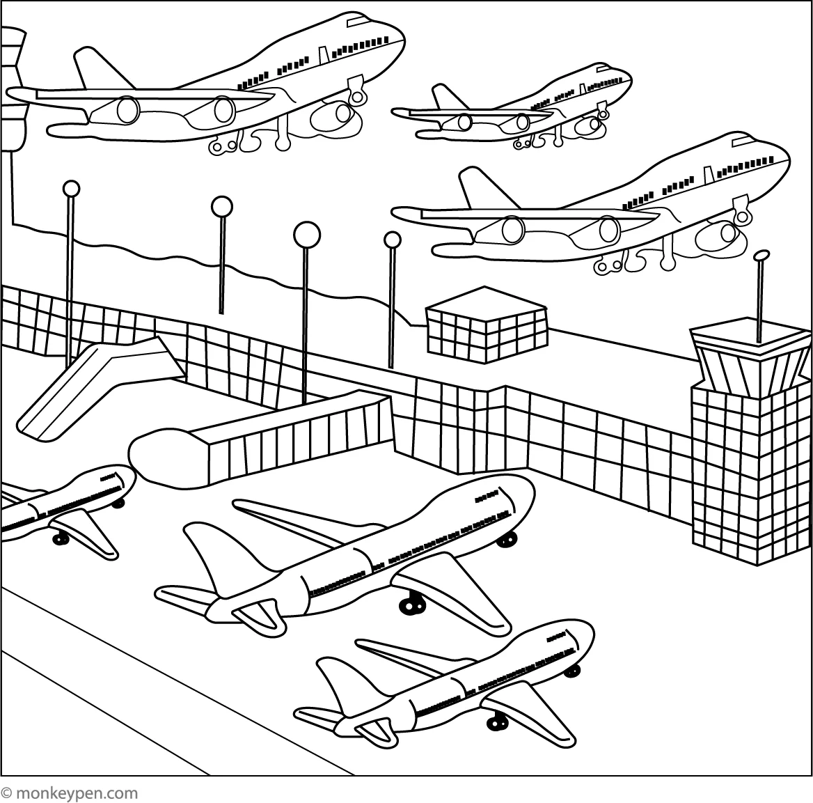 Airport Scene With Multiple Planes Free Printable Coloring Pages