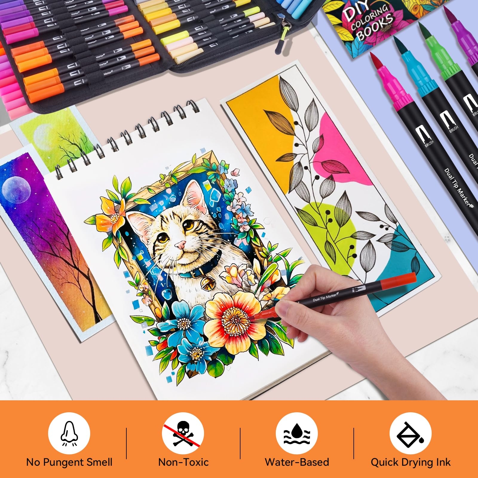 Amazon Artugn 72 Dual Markers Brush Pens With Coloring Books 60 Colors Acrylic Paint Markers Automatic Ink Control System With Soft Brush Tip