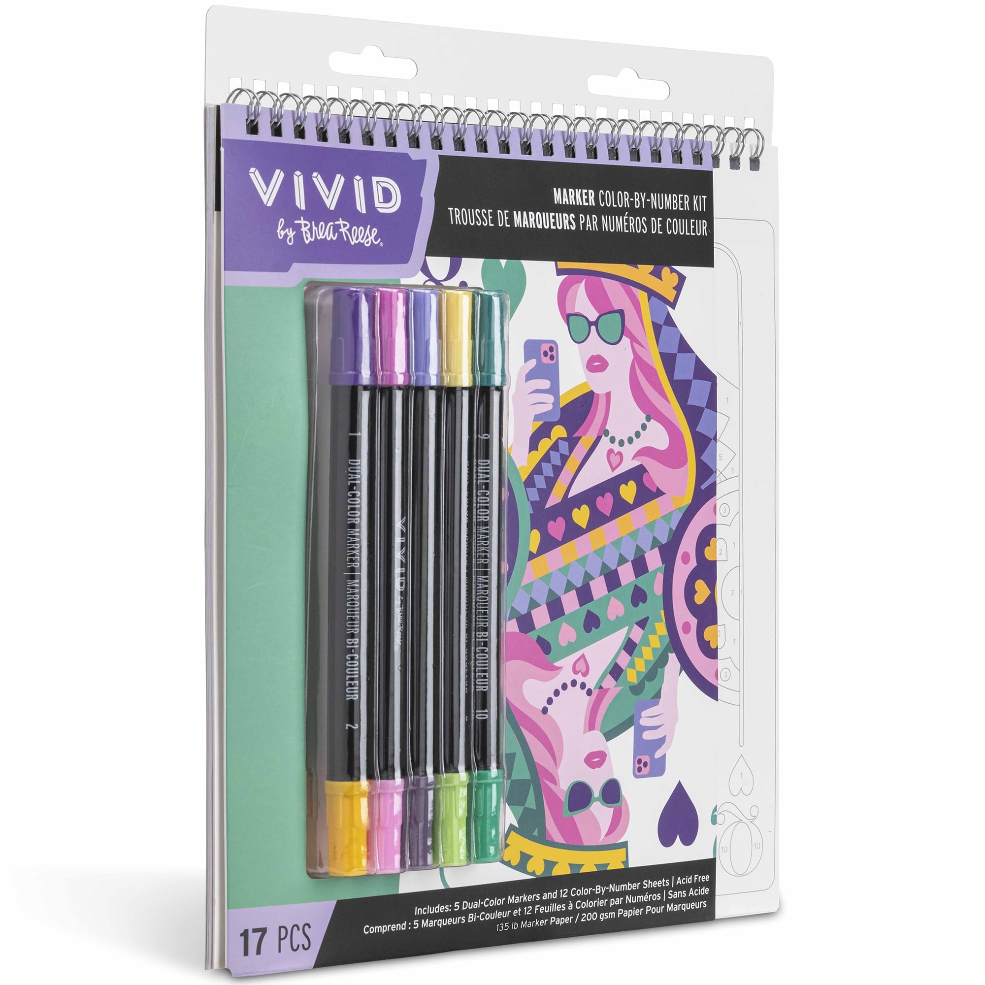 Amazon Vivid By Brea Reese Marker Color By Number Kit Queen Of Hearts 5 Dual Sided Markers 12 Design Coloring Pages Retro Vibrant Themed Spiral Art Pad Toys Games