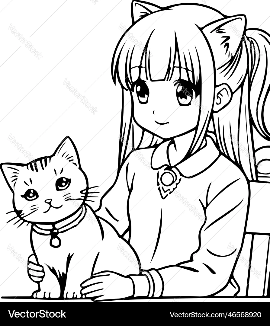 Anime Girl With Kitten Coloring Page Royalty Free Vector VectorStock Anime Girl With Kitten Coloring Page Royalty Free Vector VectorStock