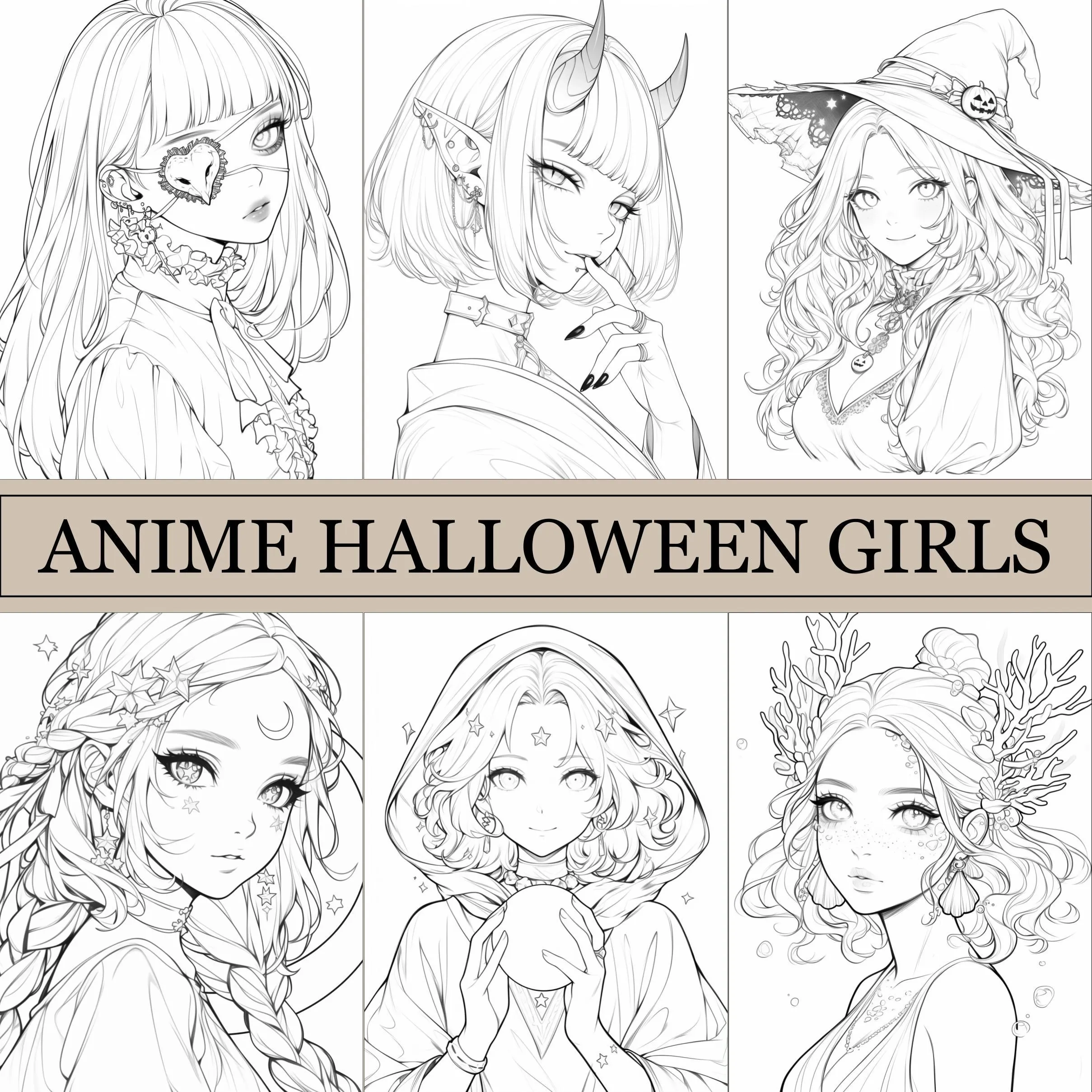 Anime Halloween Girls Coloring Book Cute Coloring Pages Anime Cozy Book For Adults And Kids Digital Download PDF File Etsy
