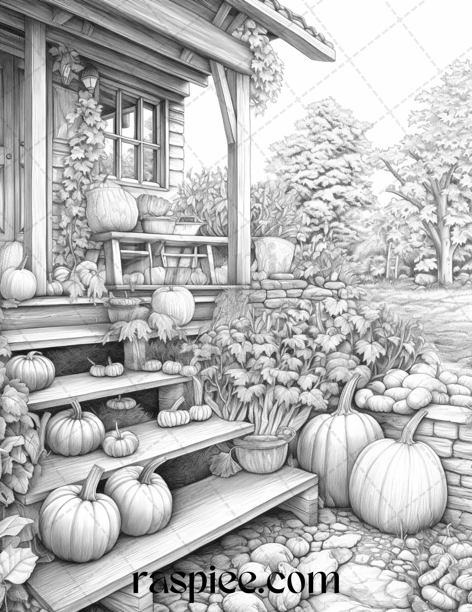 Autumn Scenery Grayscale Coloring Pages Printable For Adults PDF File RASPIEE