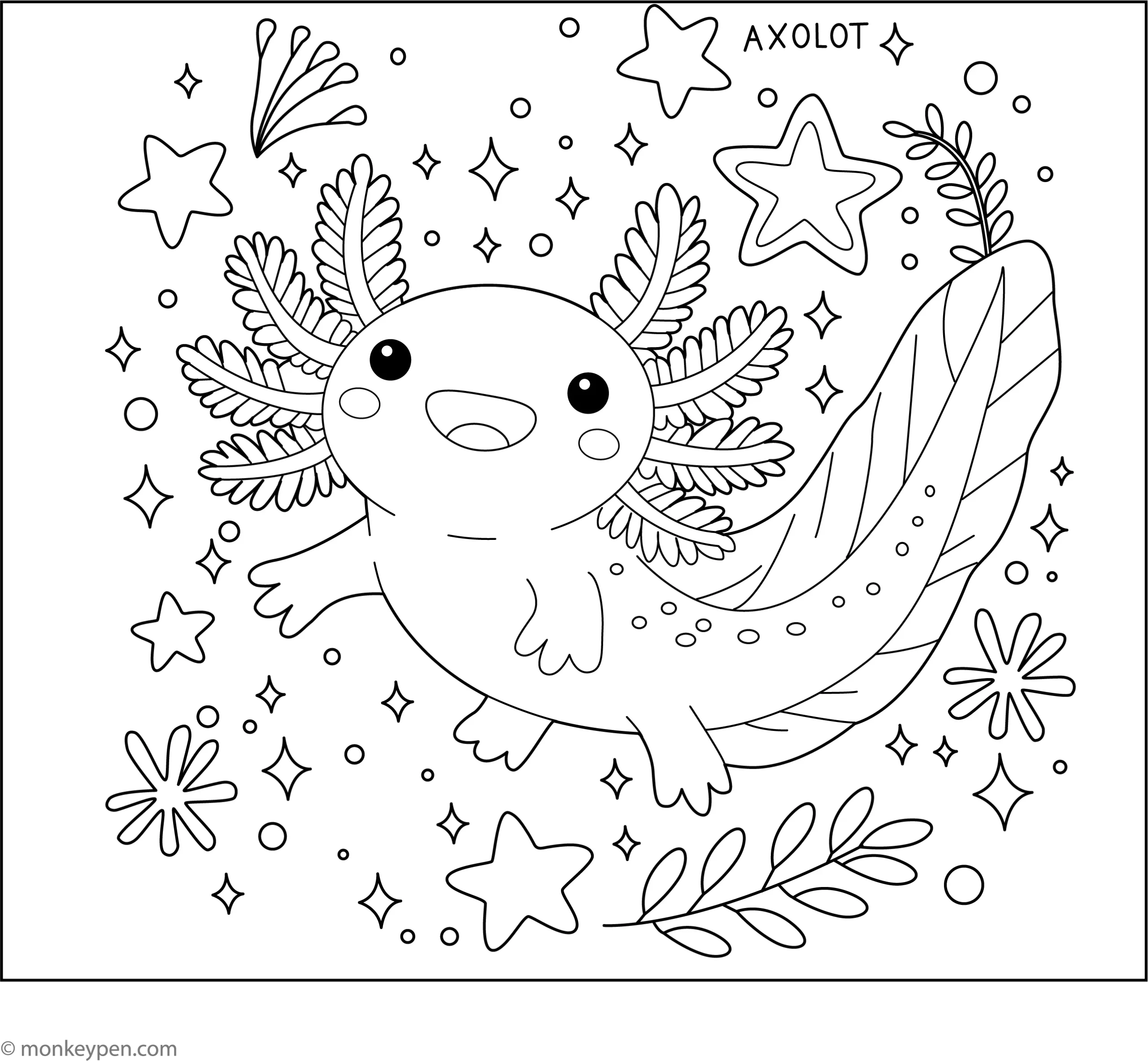 Axolotl With Magical Stars Coloring Page