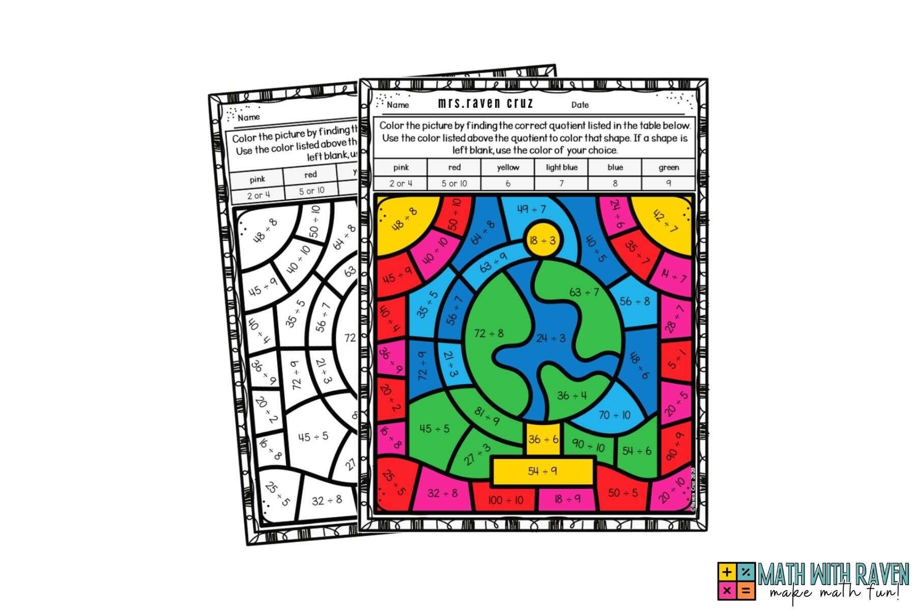 Back to School Division Color by Number Worksheets Raven Cruz