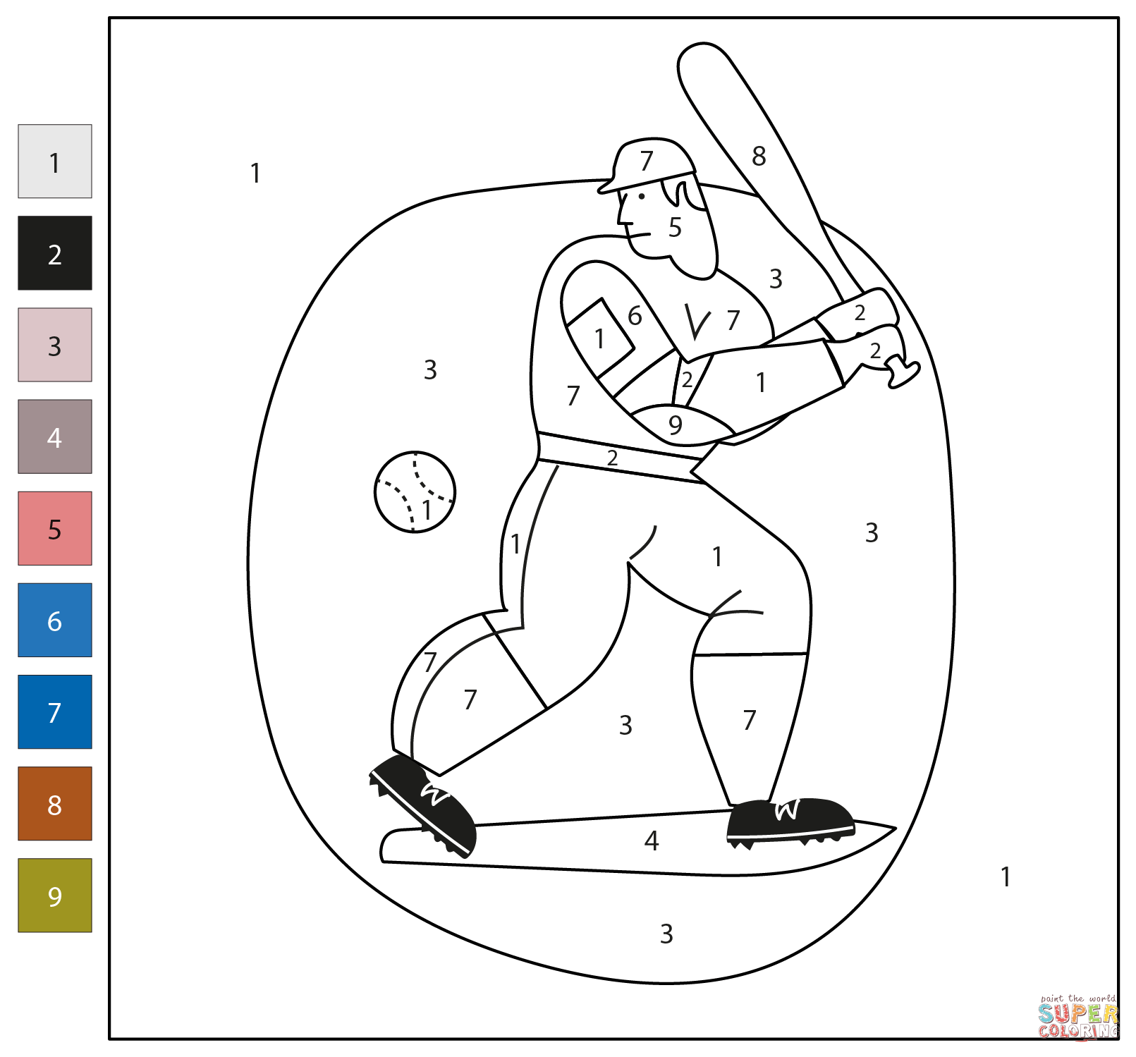 Baseball Player Color By Number Coloring Page Free Printable