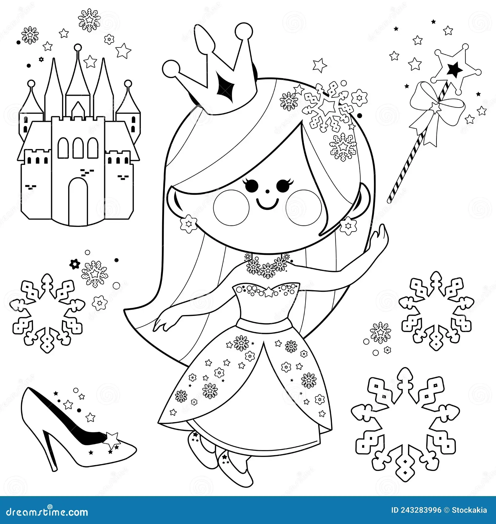 Beautiful Snow Princess And A Castle Winter Season Fairy Tale With Cute Girl In The Ice Tower Vector Coloring Page Stock Vector Illustration Of Kids Snowballs 243283996