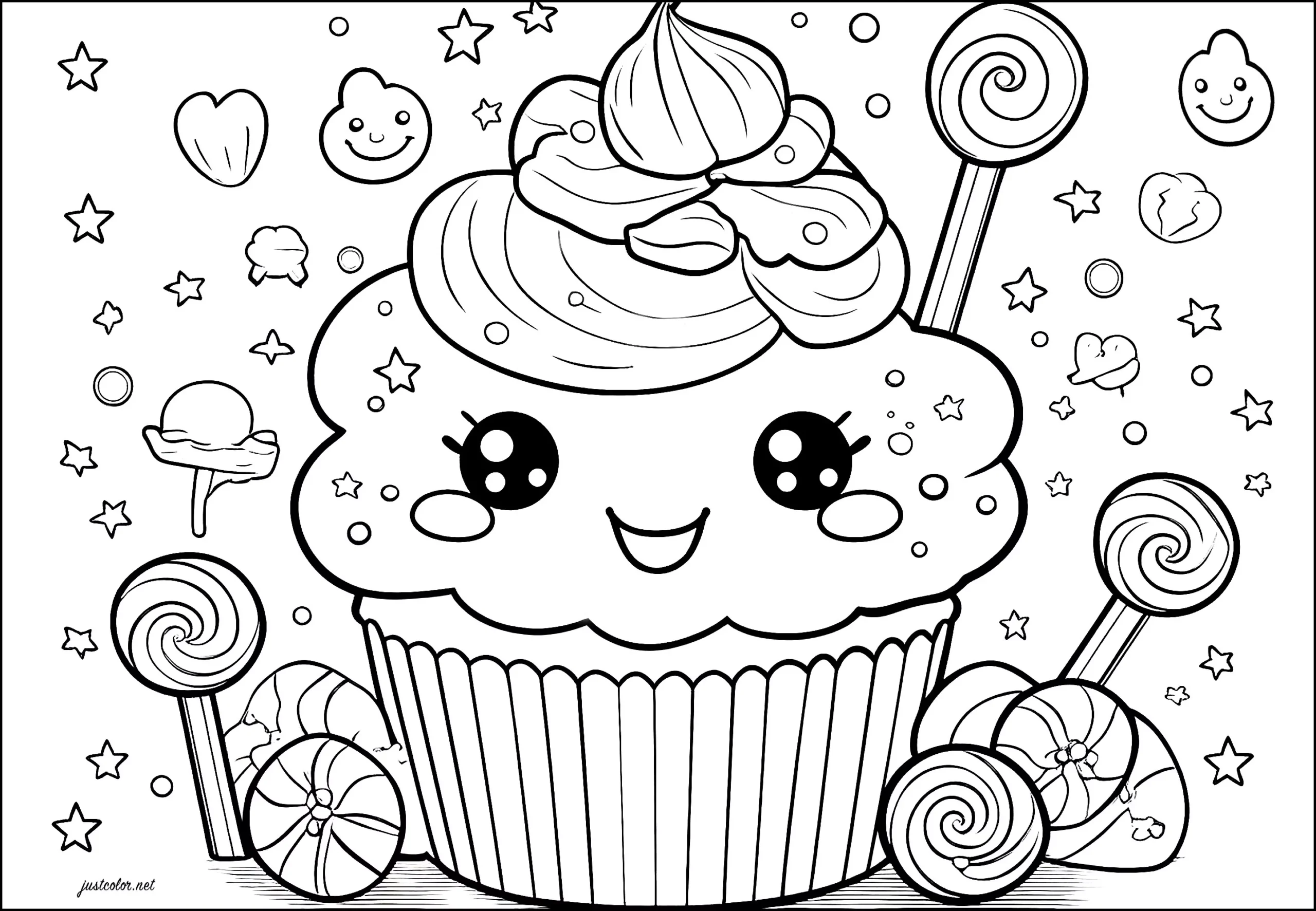 Big Cupcake Surrounded By Sweets Cupcake And Cake Coloring Pages For Adults