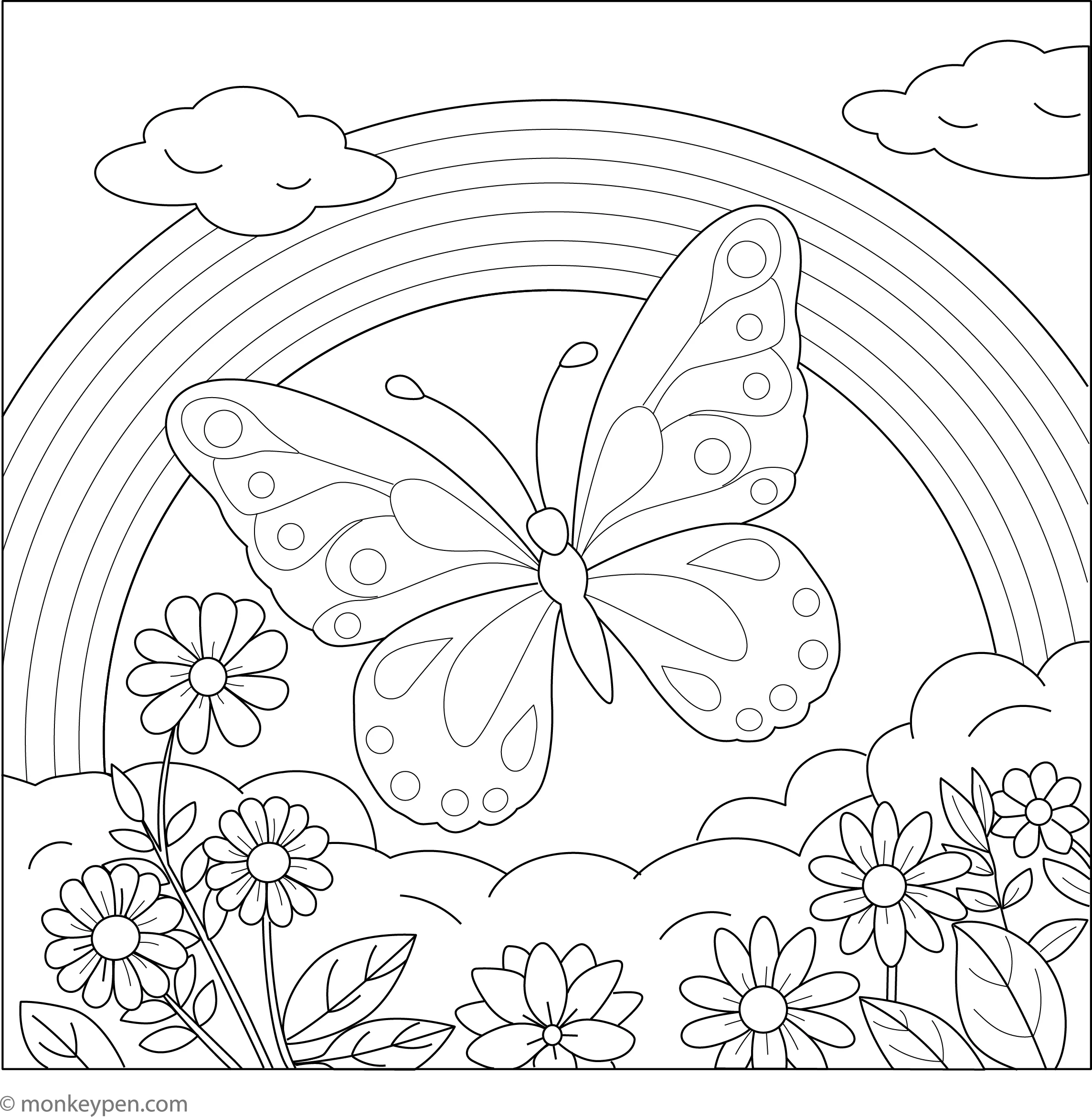 Butterfly And Rainbow Nature Scene Coloring Page For Kids