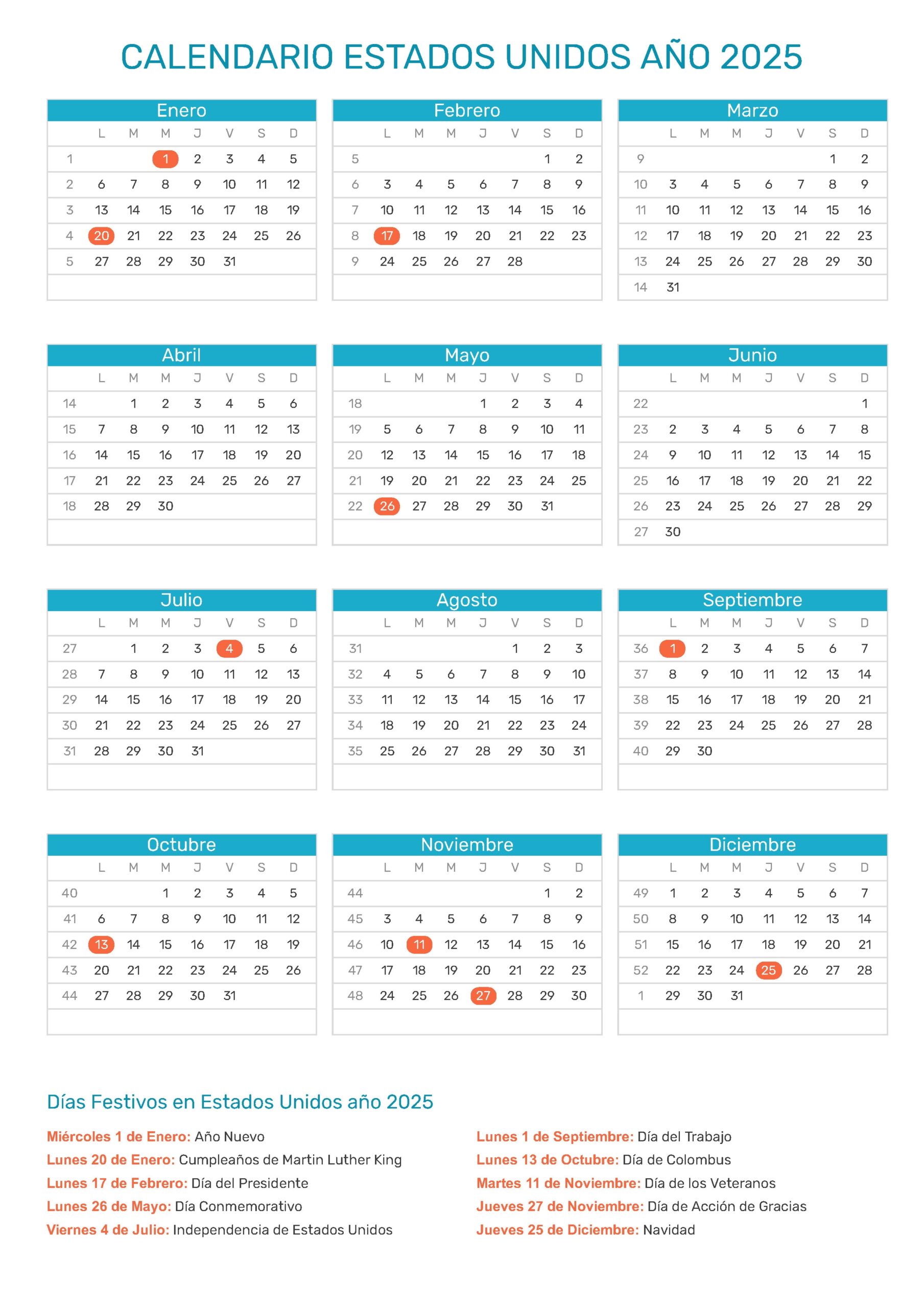 Calendario Estados Unidos 2025 Feriados Y D as Festivos Federales