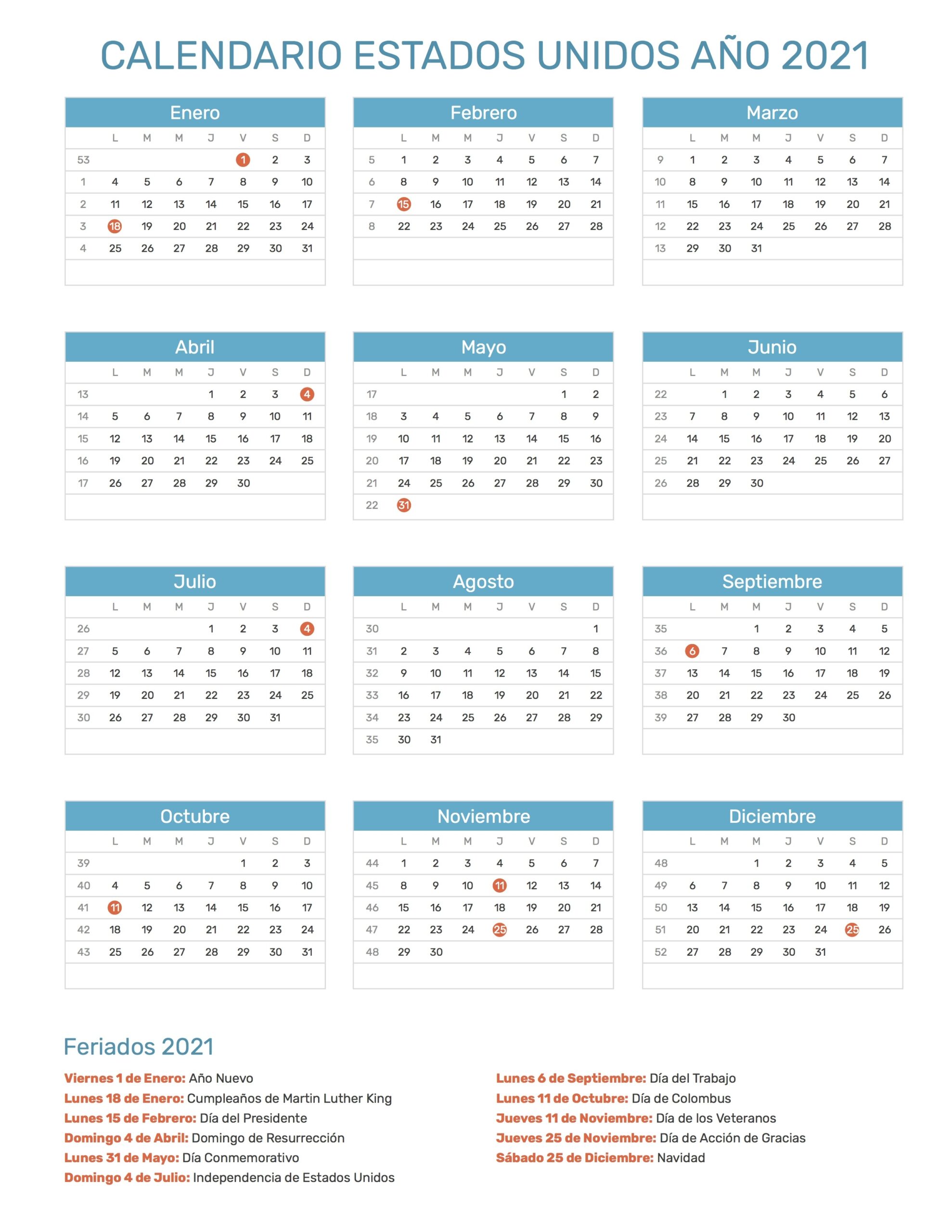 Calendario Estados Unidos A o 2021 D as Festivos