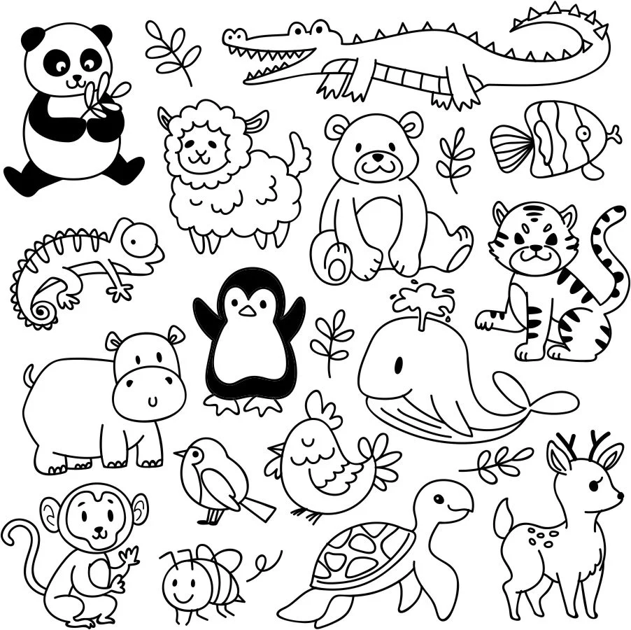 Cartoon Animal Set Coloring Page Decal Wallmonkeys