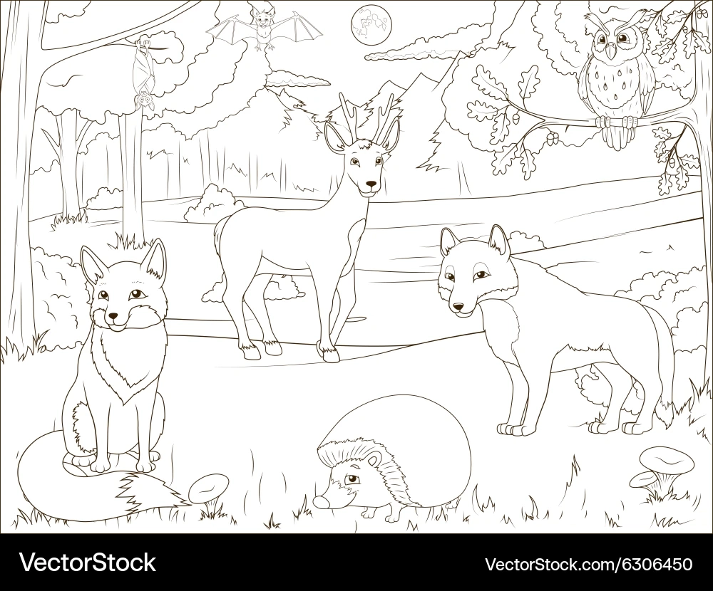 Cartoon Forest Animals Coloring Page Royalty Free Vector VectorStock Cartoon Forest Animals Coloring Page Royalty Free Vector VectorStock