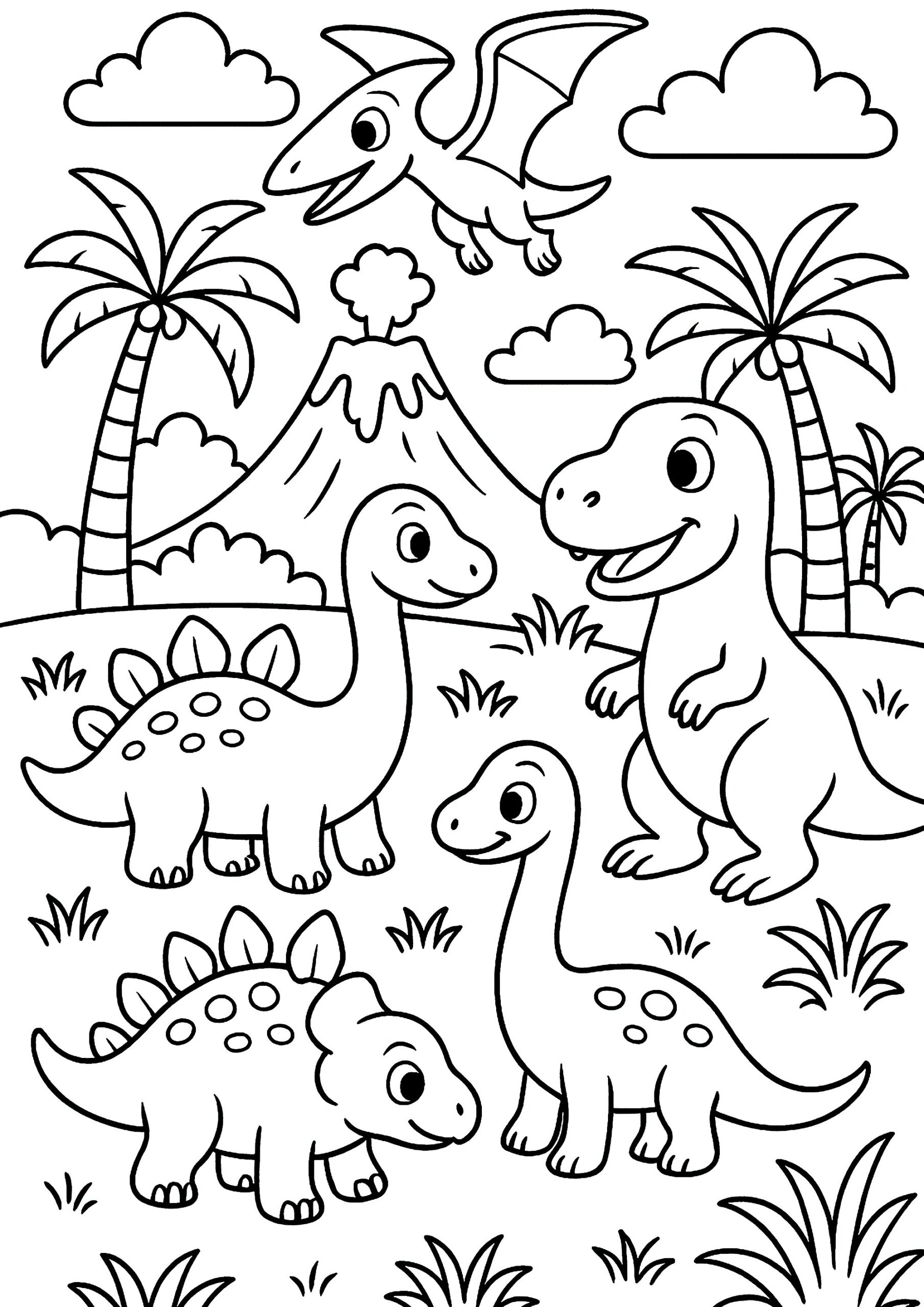 Cartoon style Dinosaurs With A Volcano Dinosaur Coloring Pages