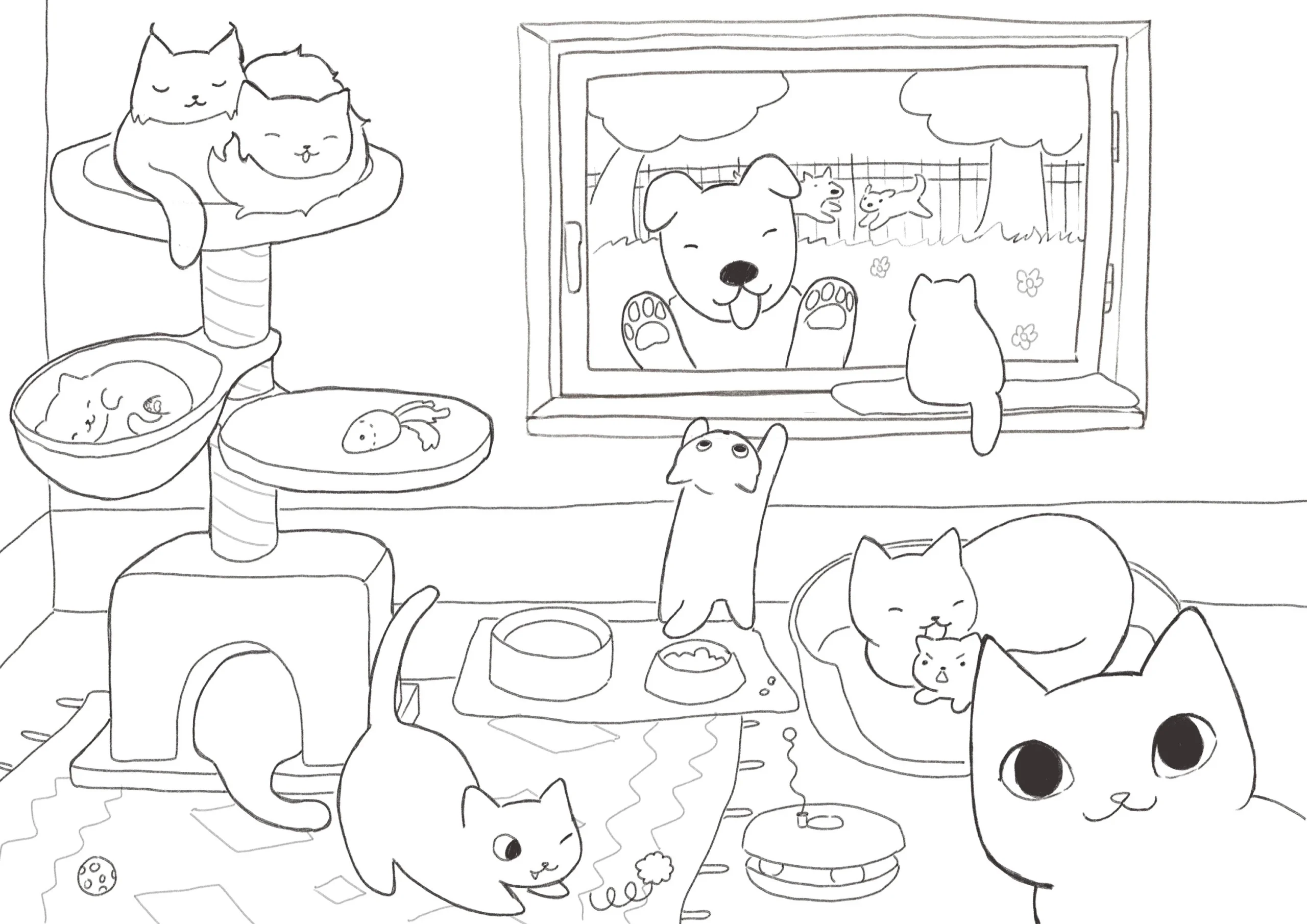 Cats Kittens And Dogs Coloring Page For Kids And Adults digital Printable Etsy