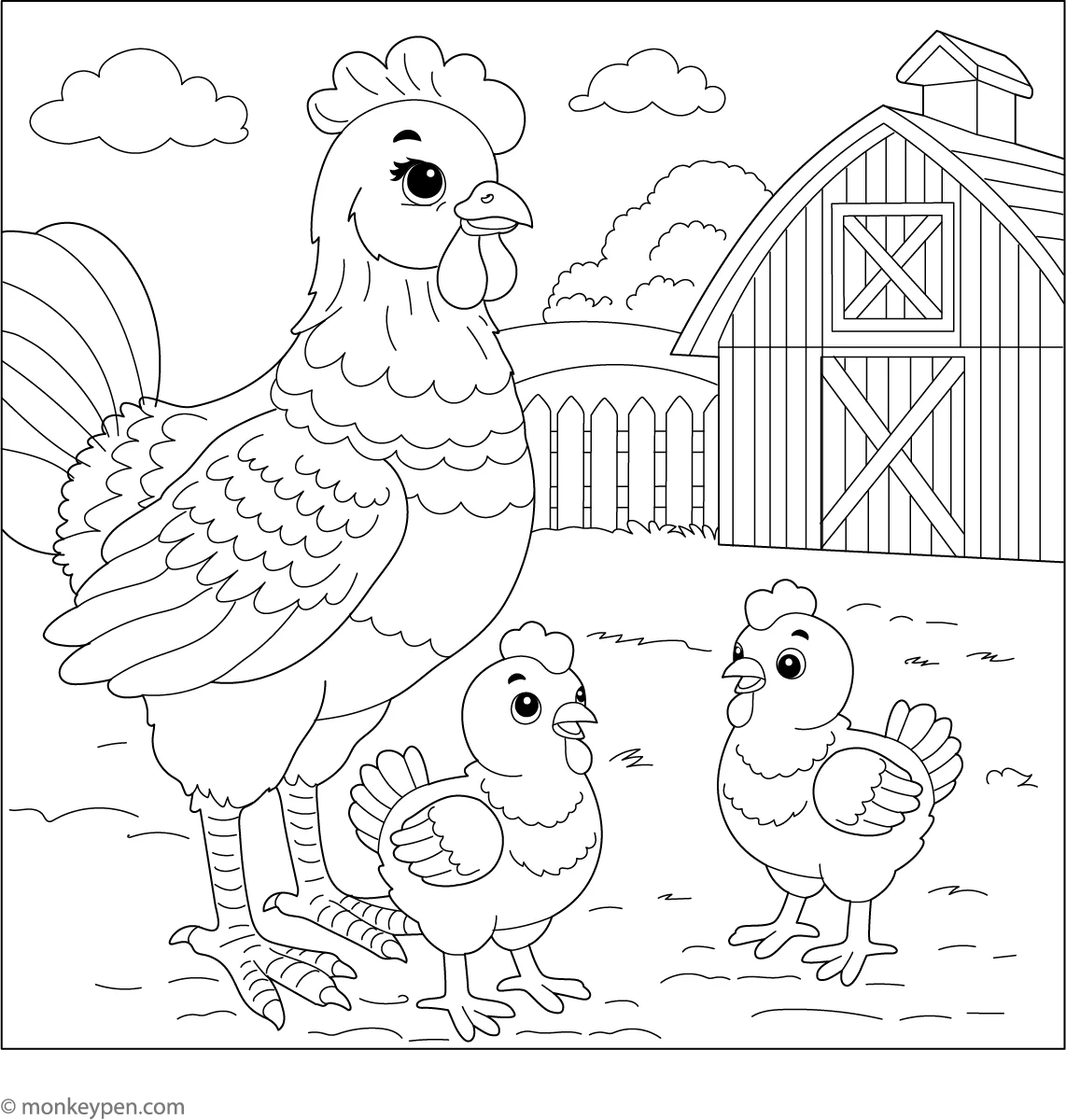 Chicken Family On A Farm Coloring Page