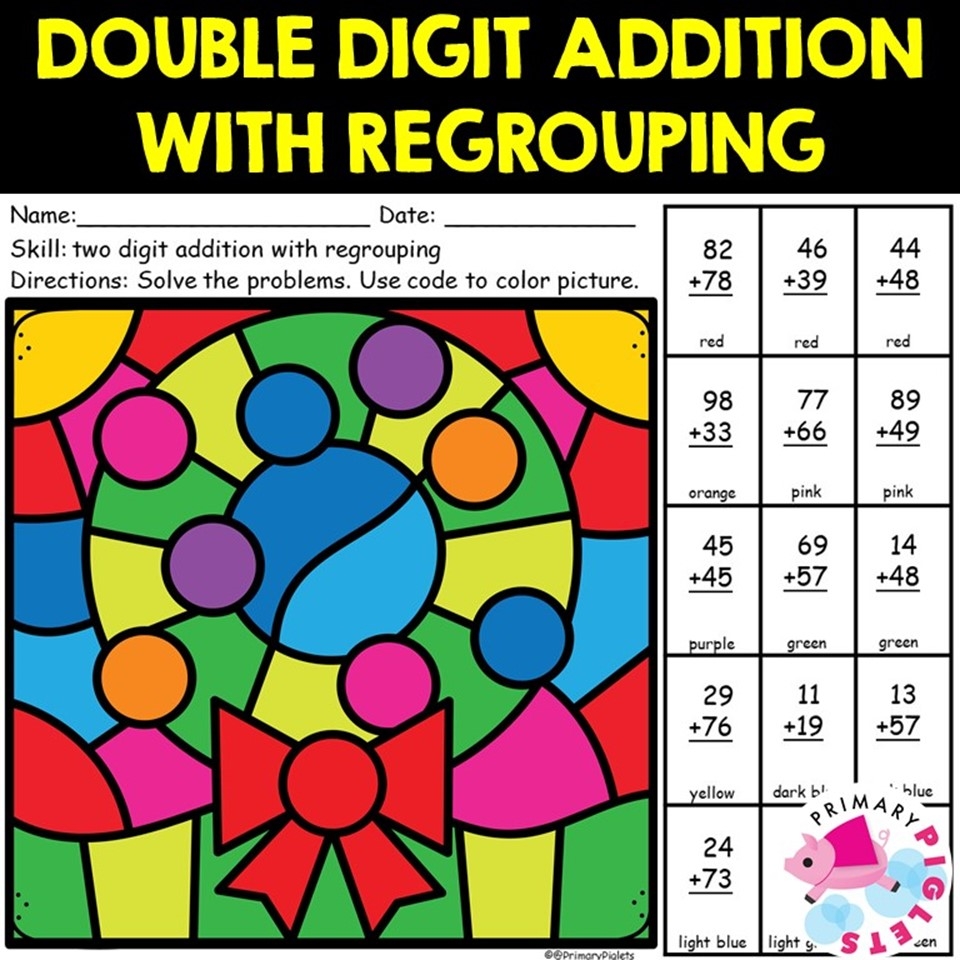 CHRISTMAS 2 DIGIT ADDITION WITH REGROUPING COLOR BY NUMBER CODE Made By Teachers