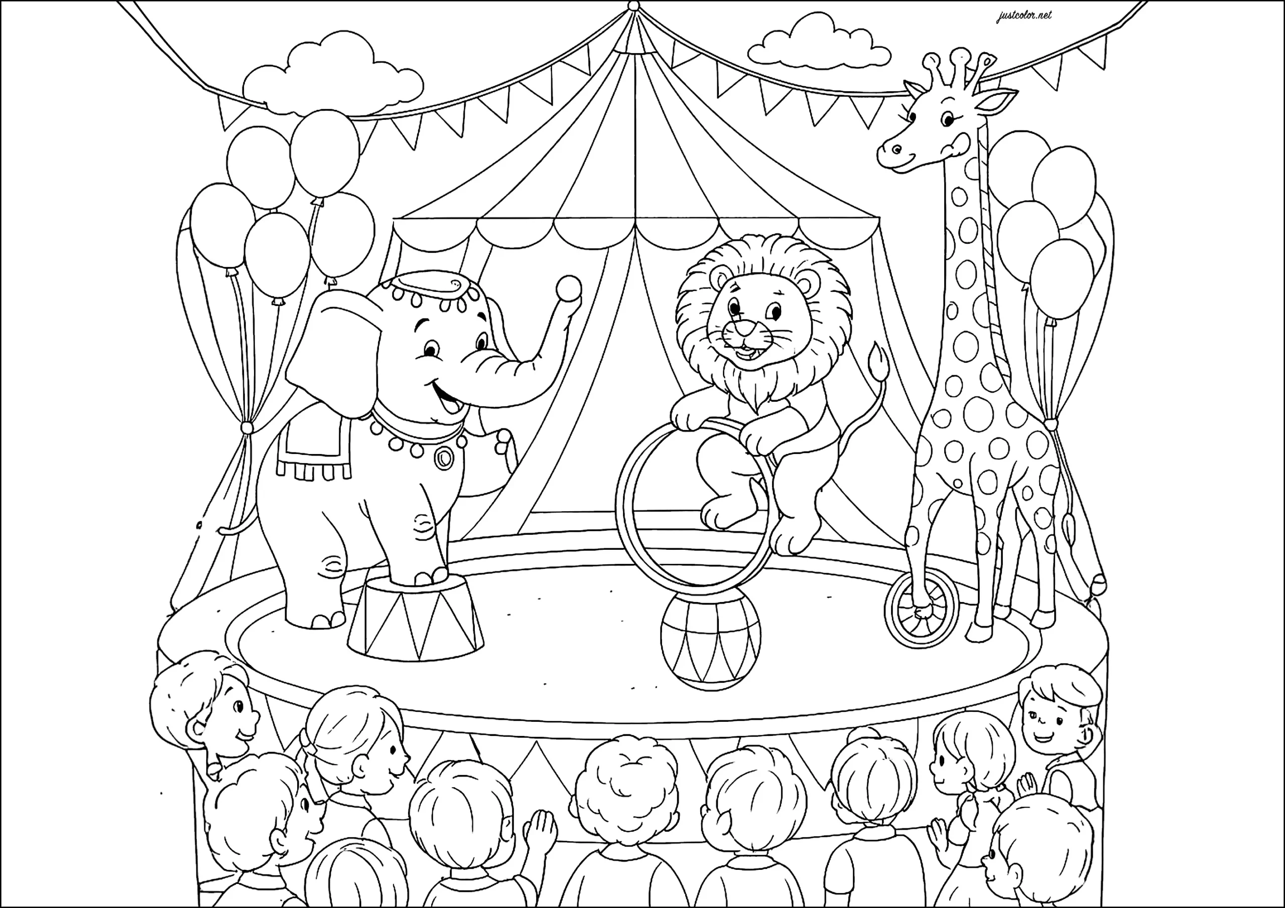 Circus Animals An Elephant A Lion And A Giraffe Circus Coloring Pages