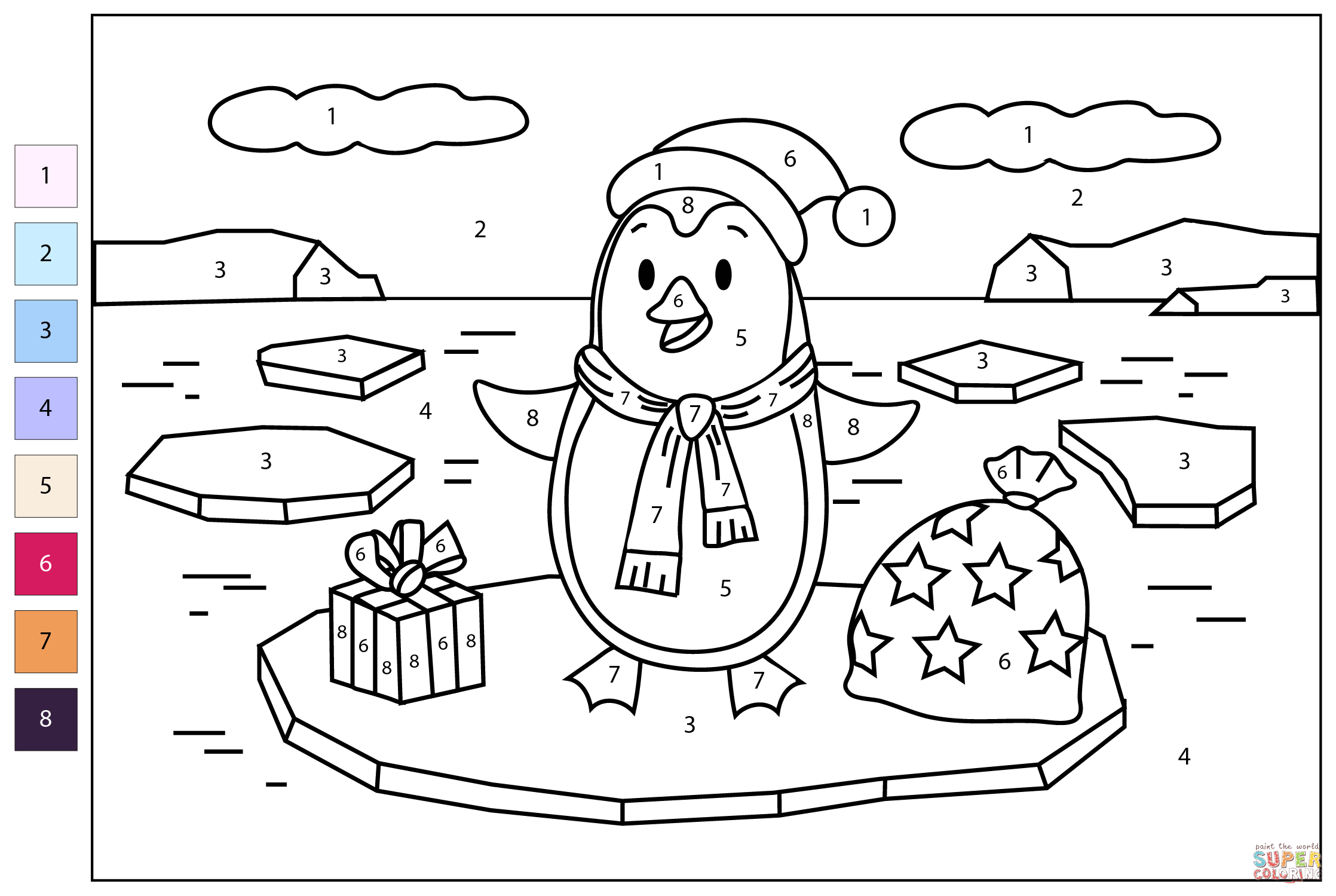 Color By Number Christmas Penguin Coloring Page Free Printable