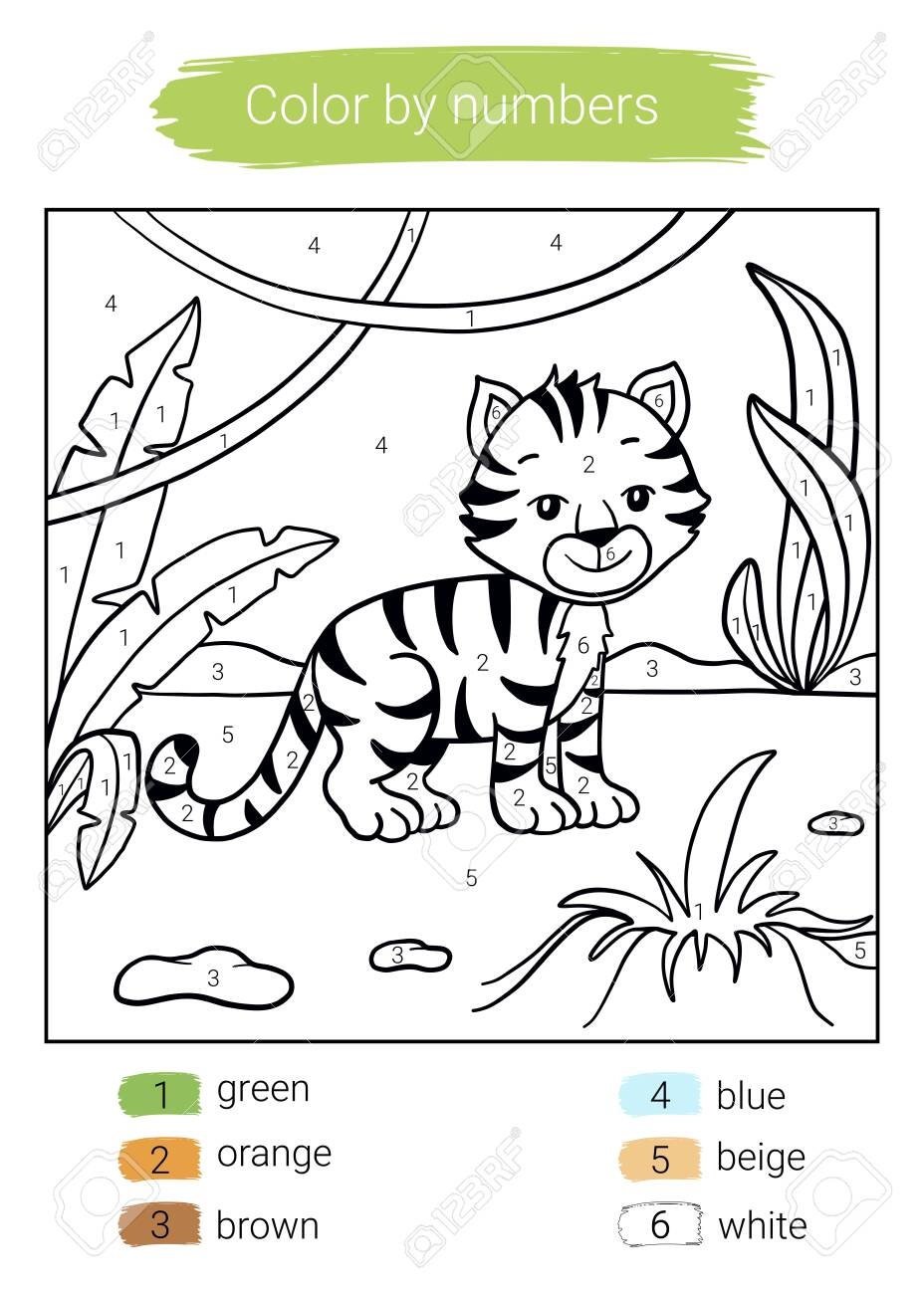 Color By Number Educational Children Game Tiger Coloring Book Royalty Free SVG Cliparts Vectors And Stock Illustration Image 129258436 