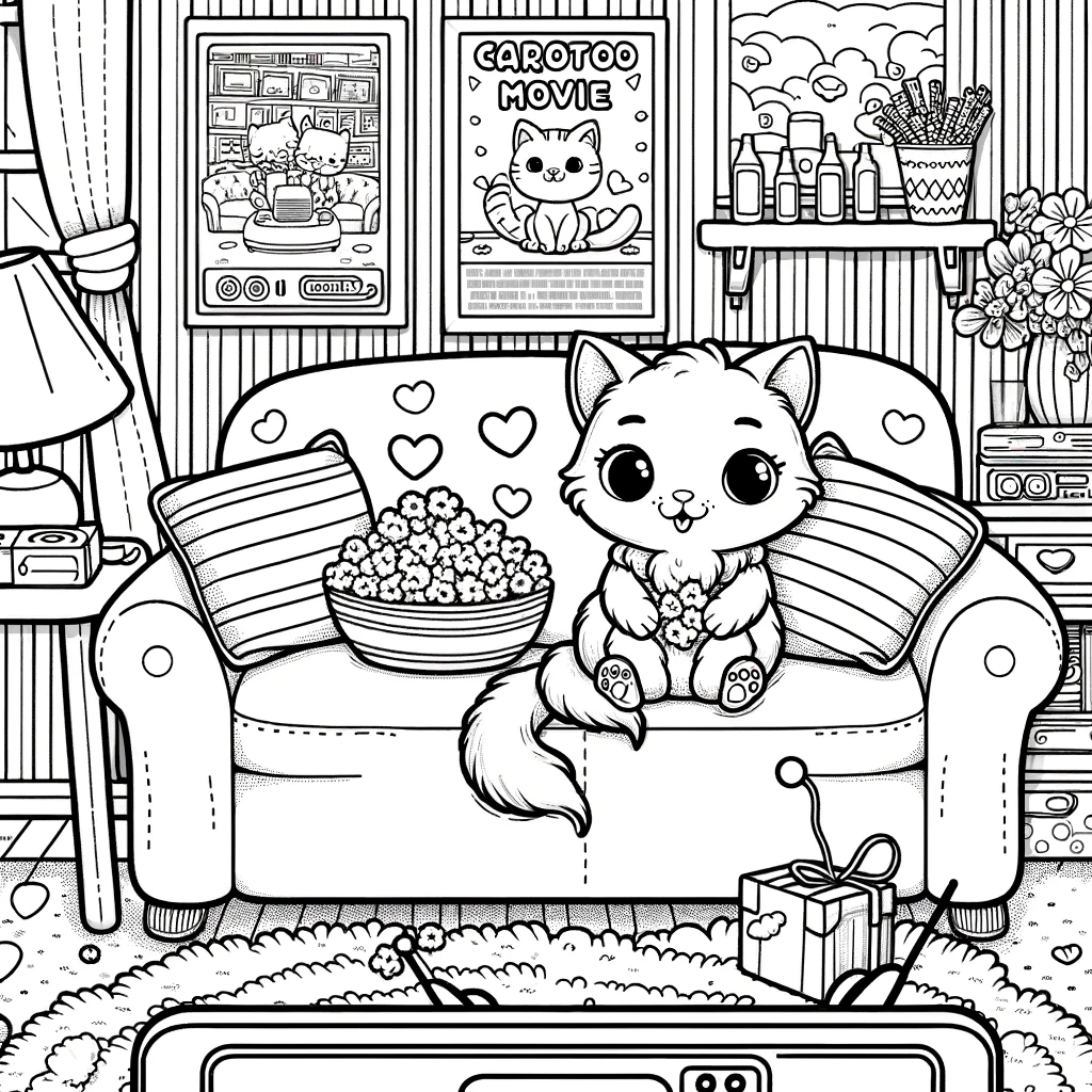 Coloring Page Fun Cat Watching TV Color Page For Kids