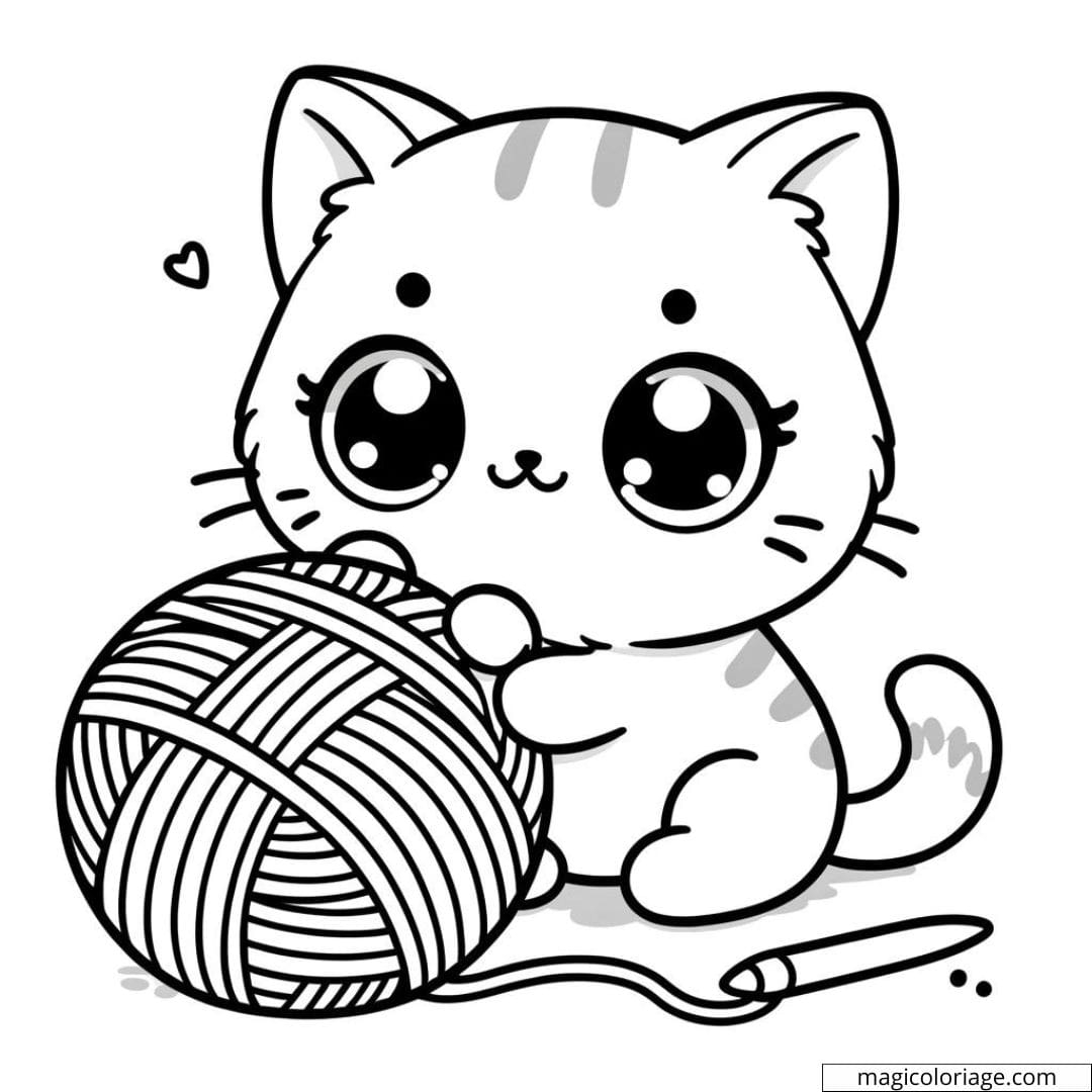Coloring Page Of Kawaii Cat Playing With A Ball Of Wool To Print