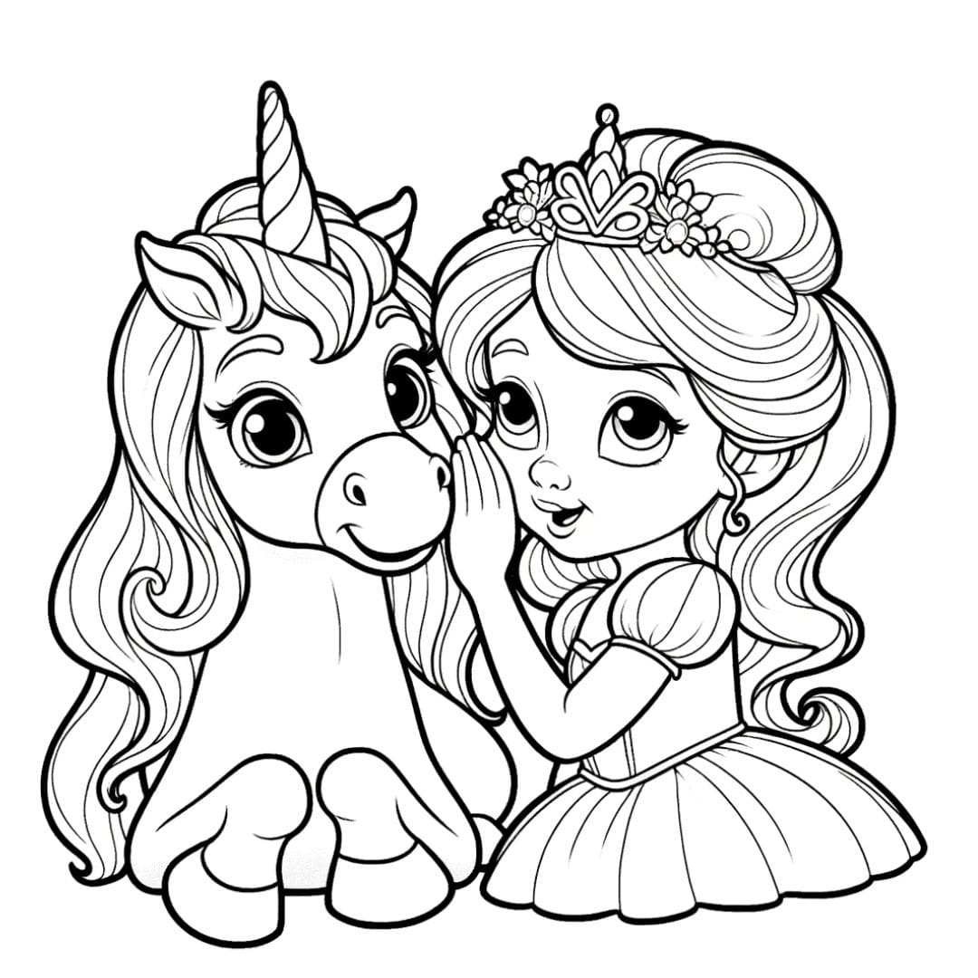 Coloring Page Unicorn And Princess Sharing A Secret Free Drawing