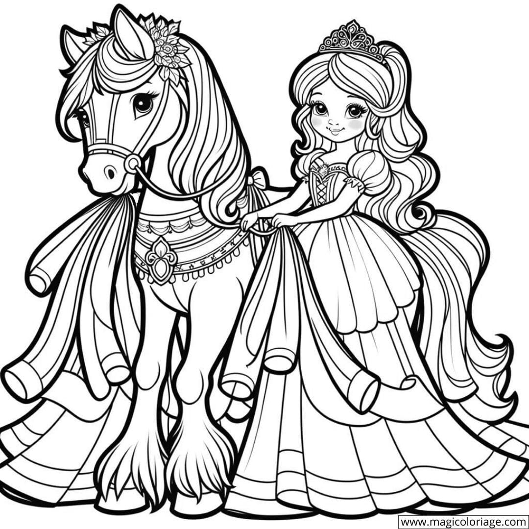 Coloring Princess And Horse With Ribbons Free Drawing
