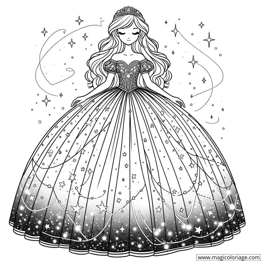 Coloring Princess With Starry Ball Dress Free Drawing