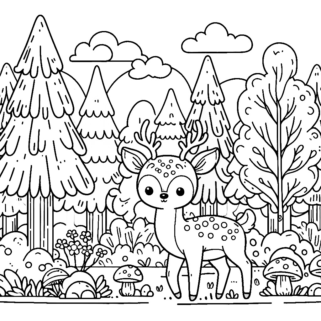 Cute Deer In Forest Coloring Page Cute Deer In Forest Coloring Page