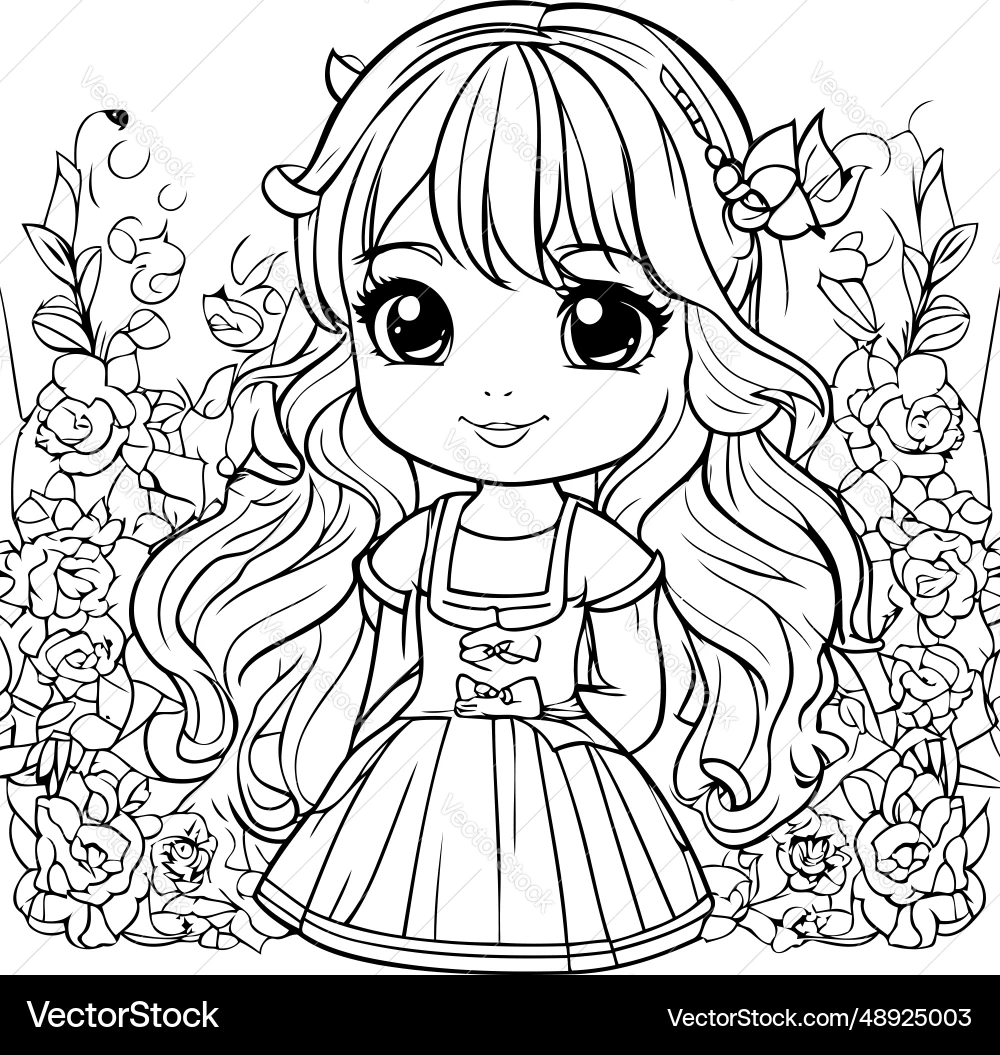 Cute Little Princess Coloring Page Royalty Free Vector VectorStock